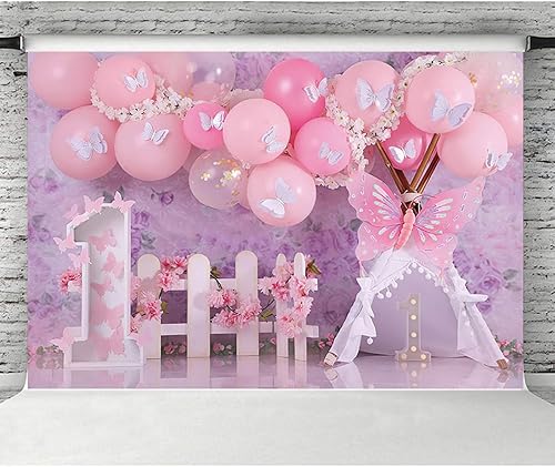 Miniatura 4 de Fondo de fotografía floral de jardín con globos rosados, diseño de mariposas y flores, para el primer cumpleaños de las niñas, con texto en inglés