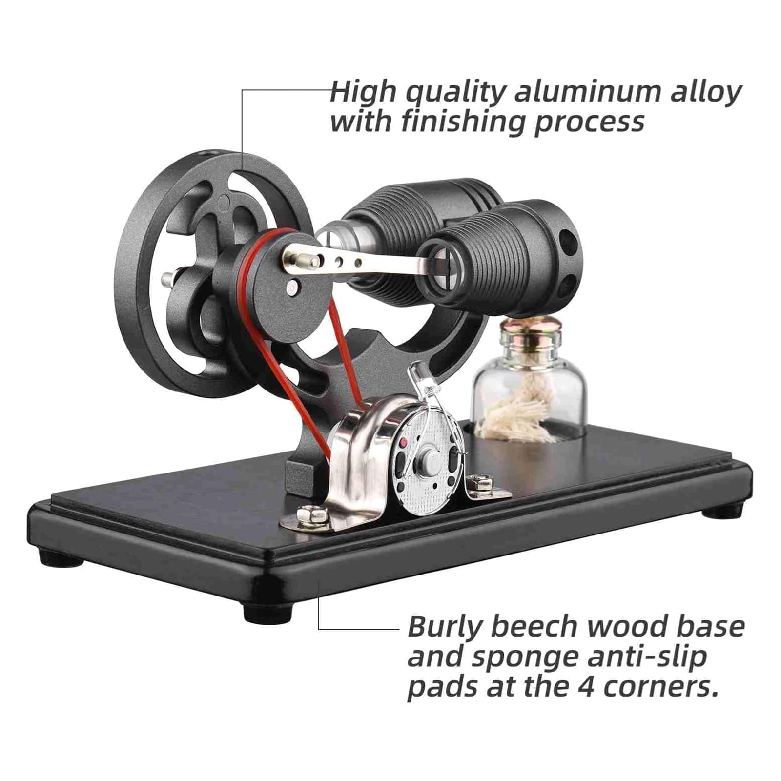 Stirling Engine - Base de madera de metal negro lista para usar con luz LED