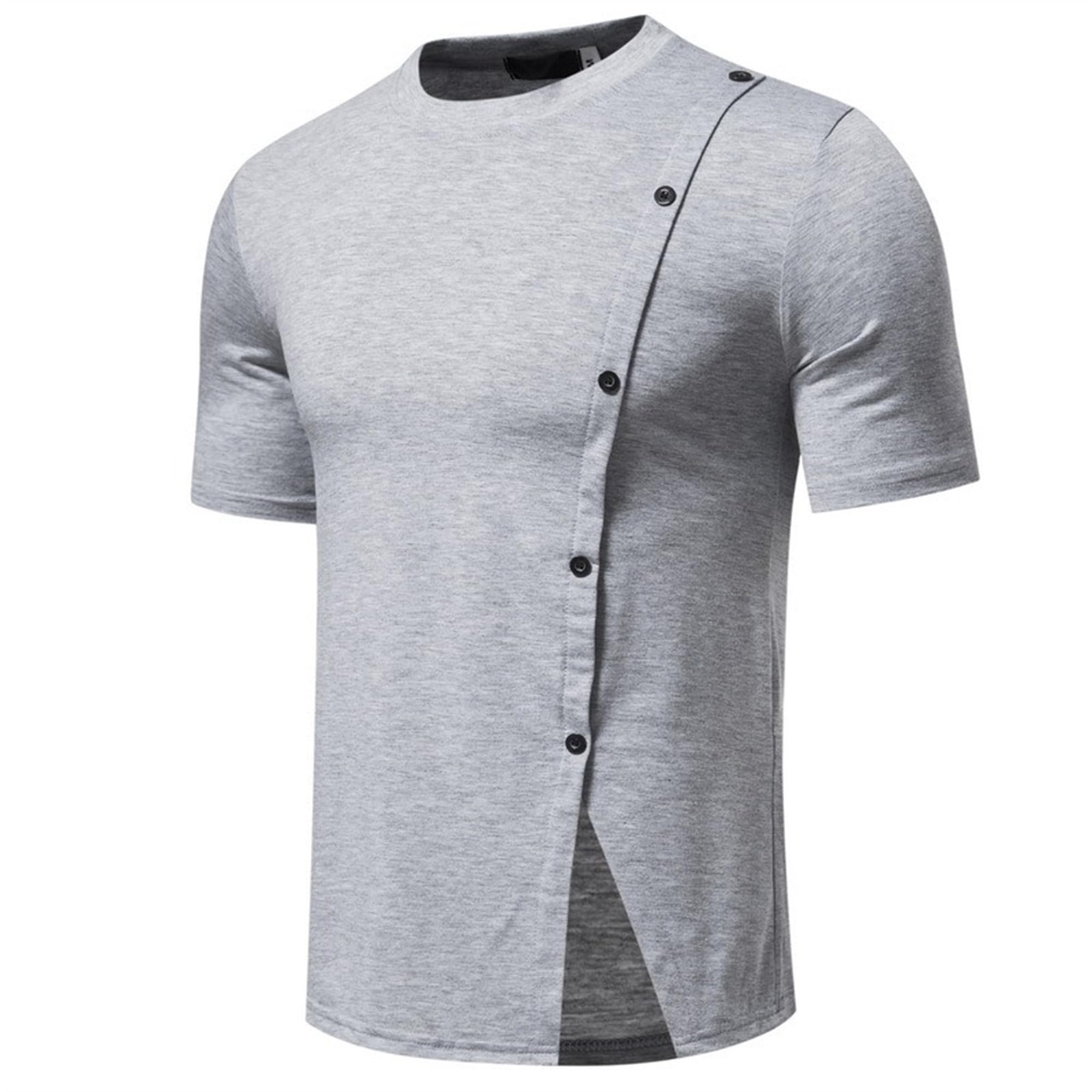 Men Split Hem Irregular Short Sleeve Shirt Crew Neck Button Decorate T Shirts Summer Trendy Fashion Simple Pullover (Light Grey,Large)