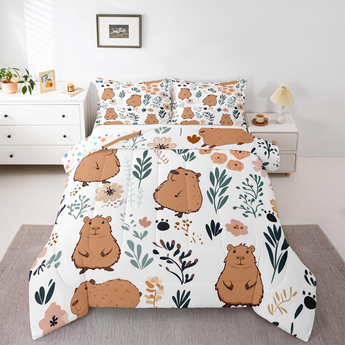 Feelyou Capybara Bedding Set, Cute Comforter Set for Kids Toddler Size With Flowers, Animal Duvet Set, Durable Quilt Set