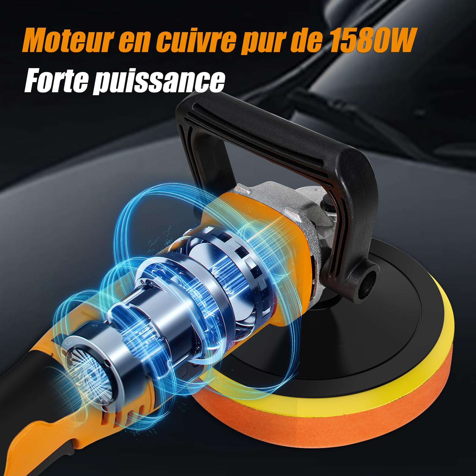 HYCHIKA Polisseuse Voiture 1580W, Polisseuse Rotative, Lustreuse Voiture, Contrôle Variable de 6 Vitesses, Moteur en Cuivre Pur, Kit Polissage Voiture, Lustrage Carrosserie Voiture
