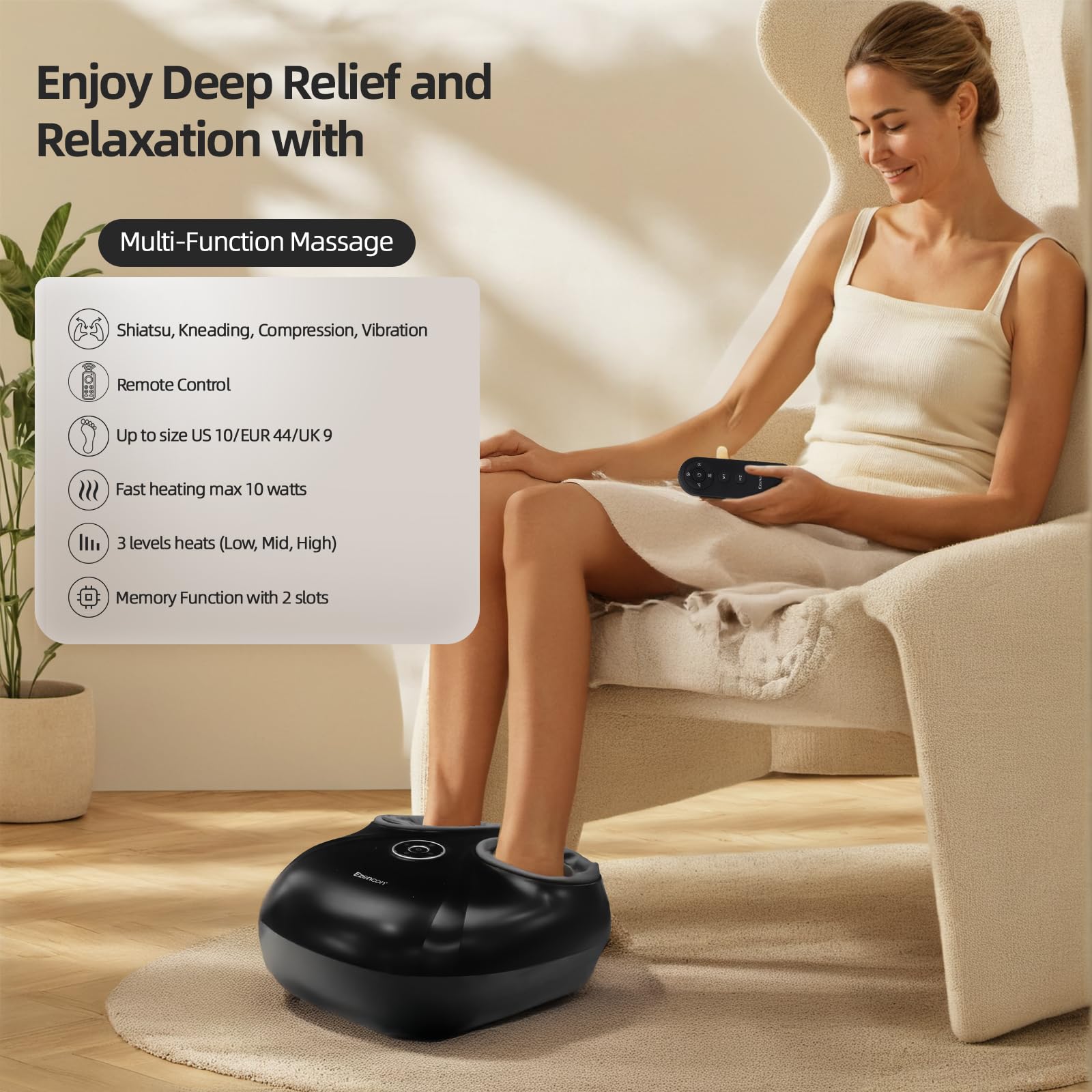 Intelligentes Shiatsu-Fußmassagegerät mit Wärme, Vibration und Rollkompression, für Füße bis Größe 13, Fußmassagegerät mit Fernbedienung, 2 Statusspeicherplätze, FSA /