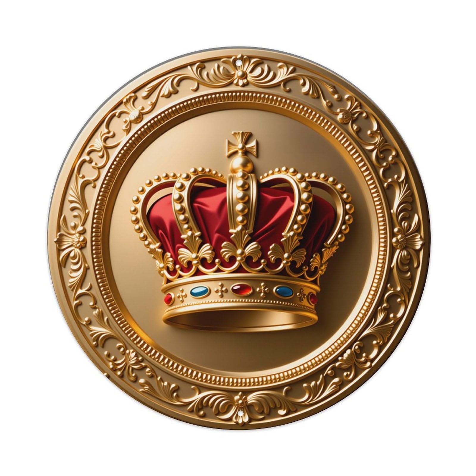 Golden Crown With Red Velvet And Gems Round Tin Sign Vintage Style Metal Sign Home Bar Garden Wall Plaque Decor Metal Poster 8x8 Inch
