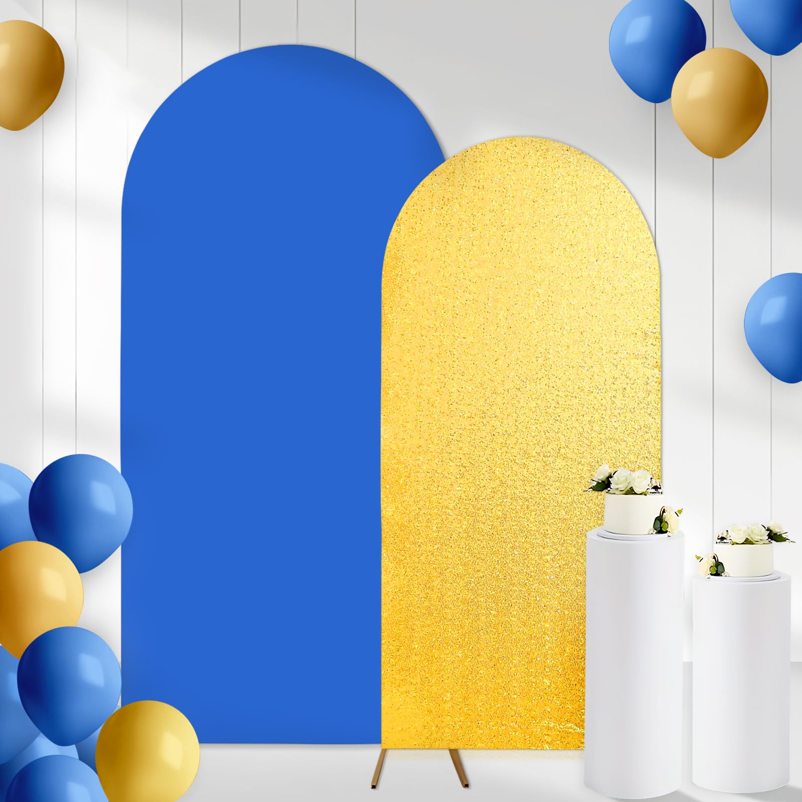CORNER LACE 2PCS Arch Backdrop Covers Glitter Gold Sapphire Blue (7.2ft+6ft) , Spandex Fitted Arch Stand Covers Background for Wedding Baby Shower