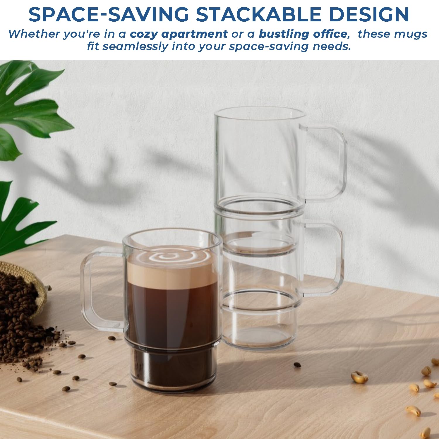 Amazon.com: Aquach 18oz Stackable Glass Mugs with Handle, Set of 2 - Large  Clear Coffee Cups for Latte, Cappuccino, Mocha, Americano, and Tea : Home &  Kitchen