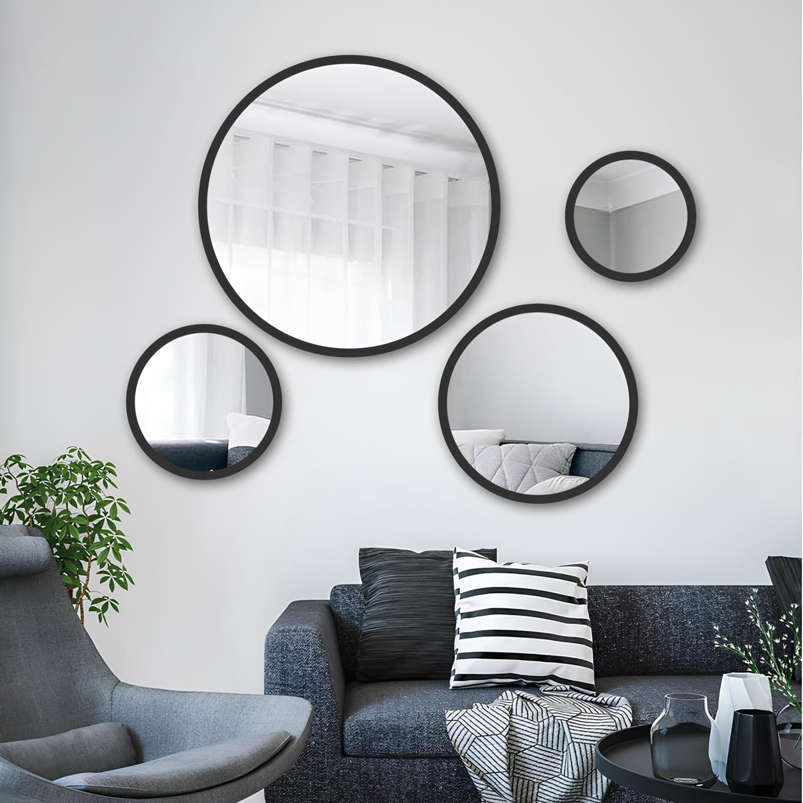 Specchio da Trucco Rotondo per Il Bagno, Specchio da Parete Moderno con Cornice in Lega, Specchio per Il Trucco da Toeletta HD, per Camera da Letto O Soggiorno, Nero/Oro(Nero,50cm/19.69in)