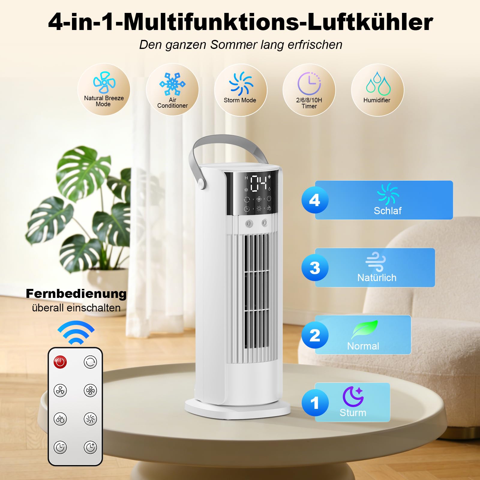Mobile Klimaanlage 4-in-1 Luftkühler mit Wasserkühlung, 900ml Tank, 3 Gebläsestufen, 90° Oszillation, LED-Display, Leise