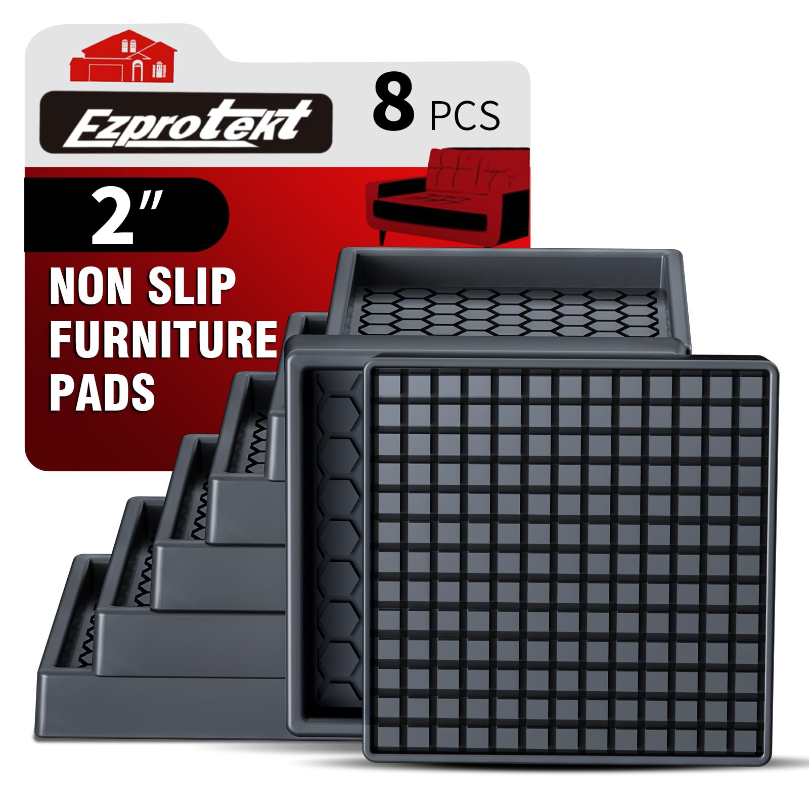Ezprotekt Non Slip Furniture Pads, 8 Pcs 2" Anti Slip Rubber Caster Cups, Anti Skid Furniture Coasters for Hardwood Floors, No Slide Furniture Gripper, Furniture Stoppers to Prevent Sliding (Black)