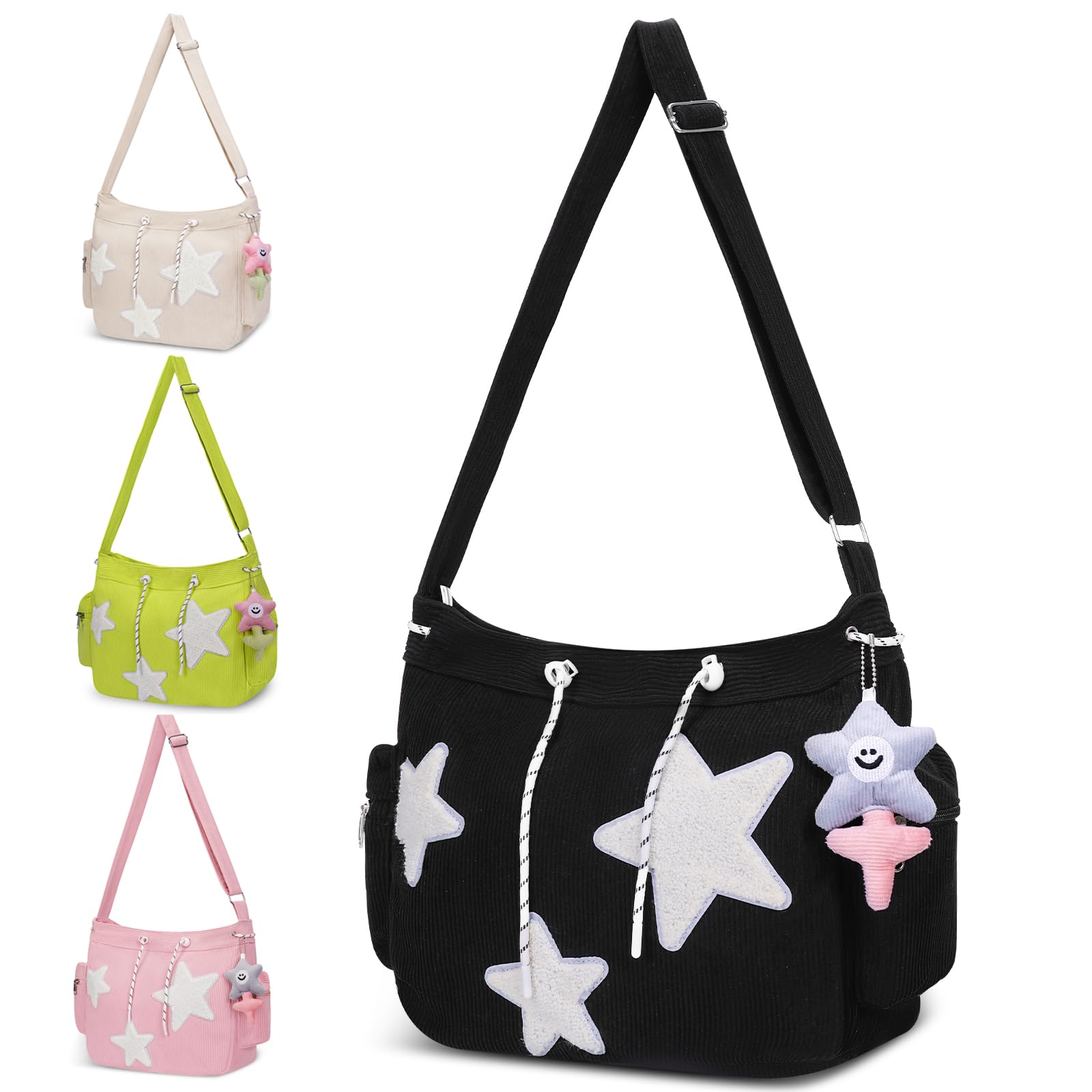 Y2K Star Tote Bag for Women, Emo School Grunge Bag Aesthetic, Cute Corduroy Shoulder Purse, Lightweight and Spacious Kawaii Tote Hobo Bag for Teen Girl