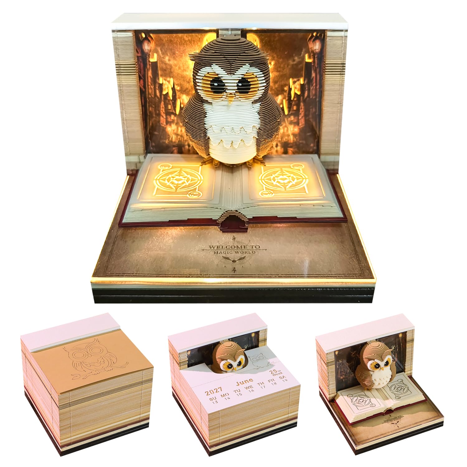 3D-Kalender 2027, magische Eule, zum Abreißen, Notizblock, Schreibtischkunst | Layered Paper Carving, Acrylic Display Cover, Compact tabletop decor, quick note sheets, gift ready stationery