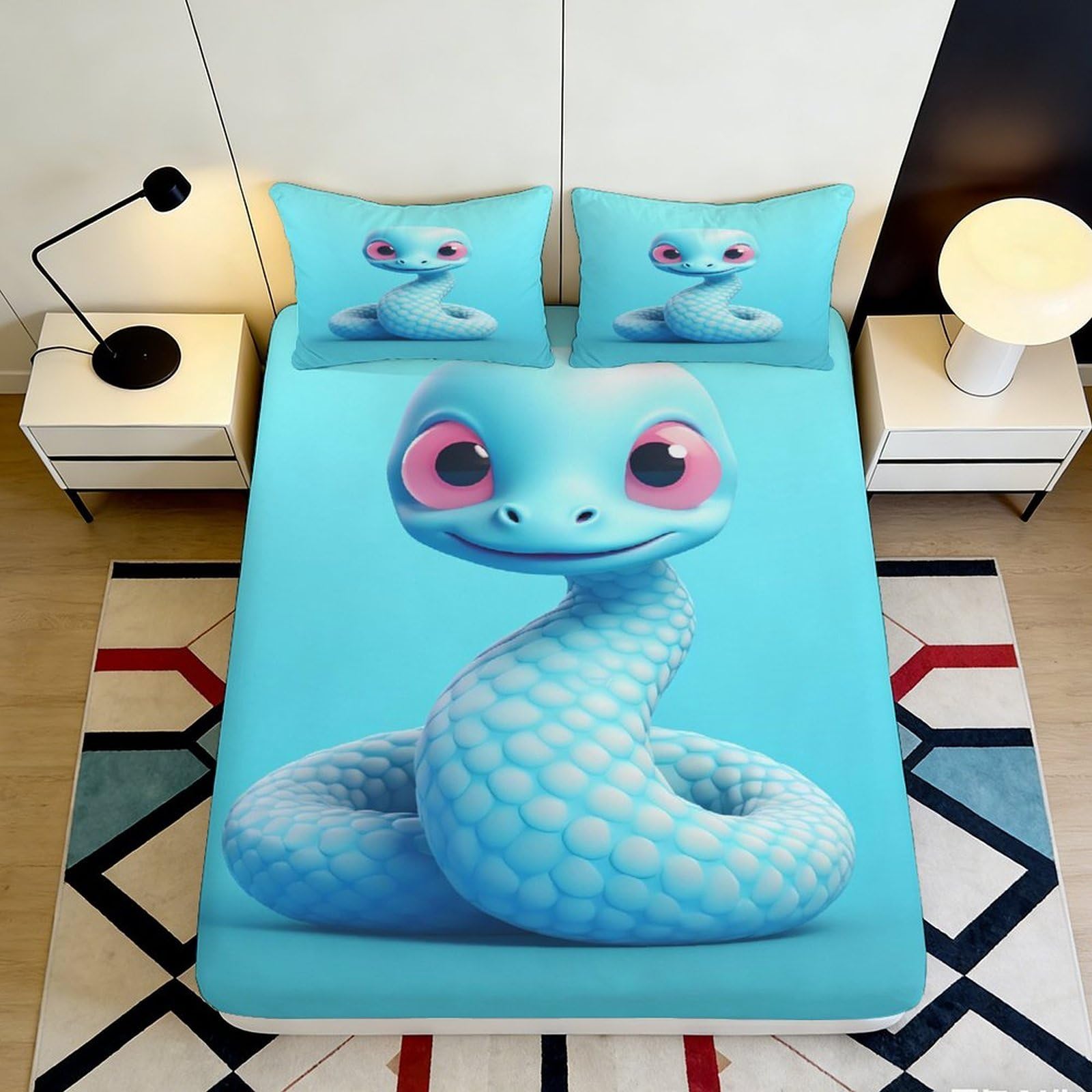 Cute Snake Cartoon 3D Printed Fitted Sheet Microfiber Deep Pocket Non-Slip Bedroom Bedding Full Wrap Snake Mattress Fitted Cover 90x200x25cm