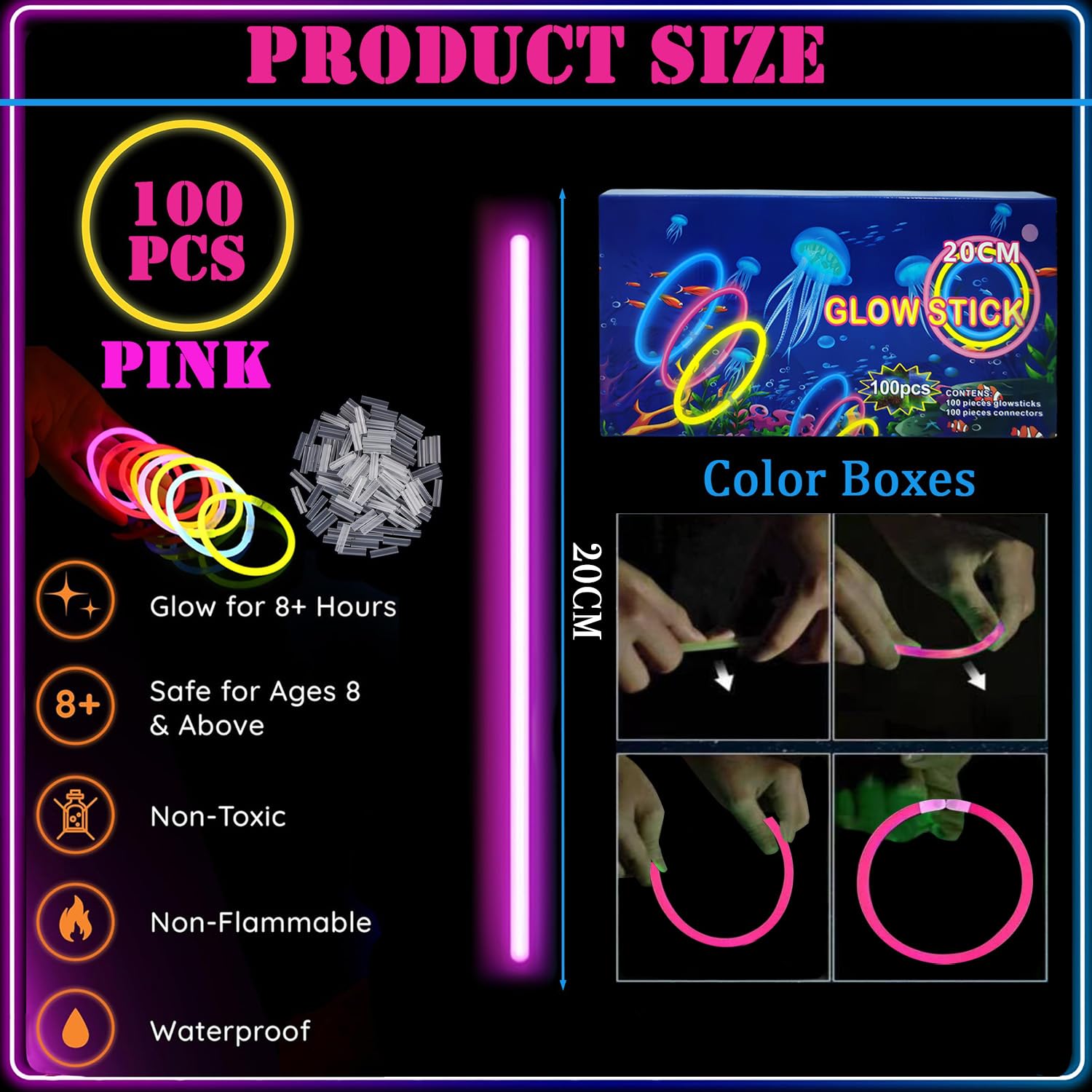 Knikstaafjes voor kinderen, partyset, roze, 100 stuks lichtstaven voor kinderen 100 connectoren, zwarte lichtdecoratie voor brillen en armbanden voor Halloween, Kerstmis, verjaardagen, bruiloften Knikstaafjes voor kinderen, partyset, roze, 100 stuks lichtstaven voor kinderen 100 connectoren, zwarte lichtdecoratie voor brillen en armbanden voor Halloween, Kerstmis, verjaardagen, bruiloften