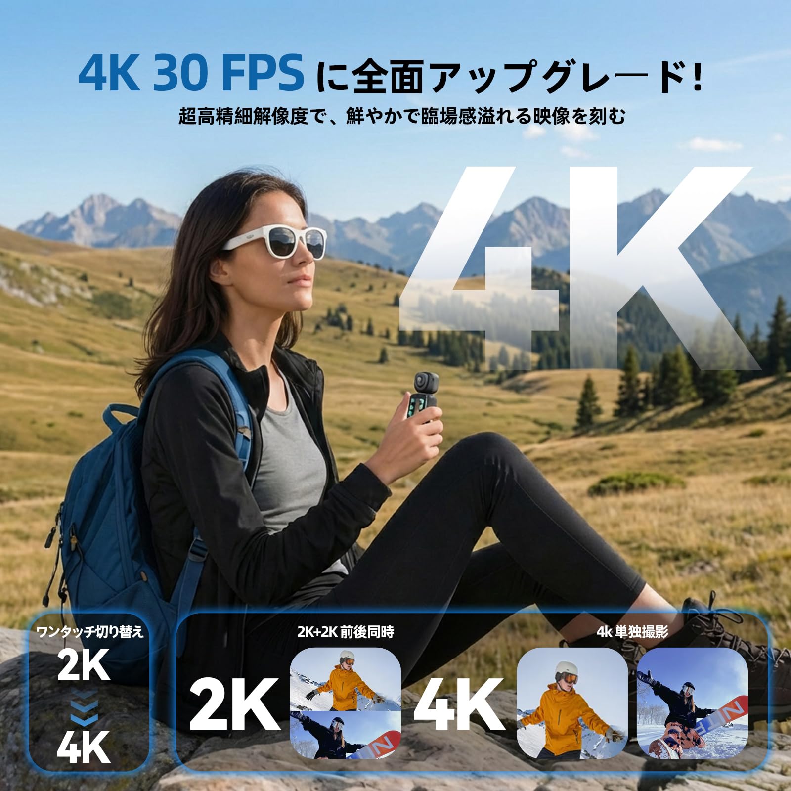 Vlogカメラ 4K アクションカメラ 小型ビデオ ュアルフロントポケット＆リアWIFI Vlogカメラ180°回転可能 真の手ブレ補正 小型camera ボディ 135分連続録画 マイク クリップ式 スポーツ｜旅行｜アウトドア向け 動画撮影 生活記録 簡単操作 日本語説明書 - 2