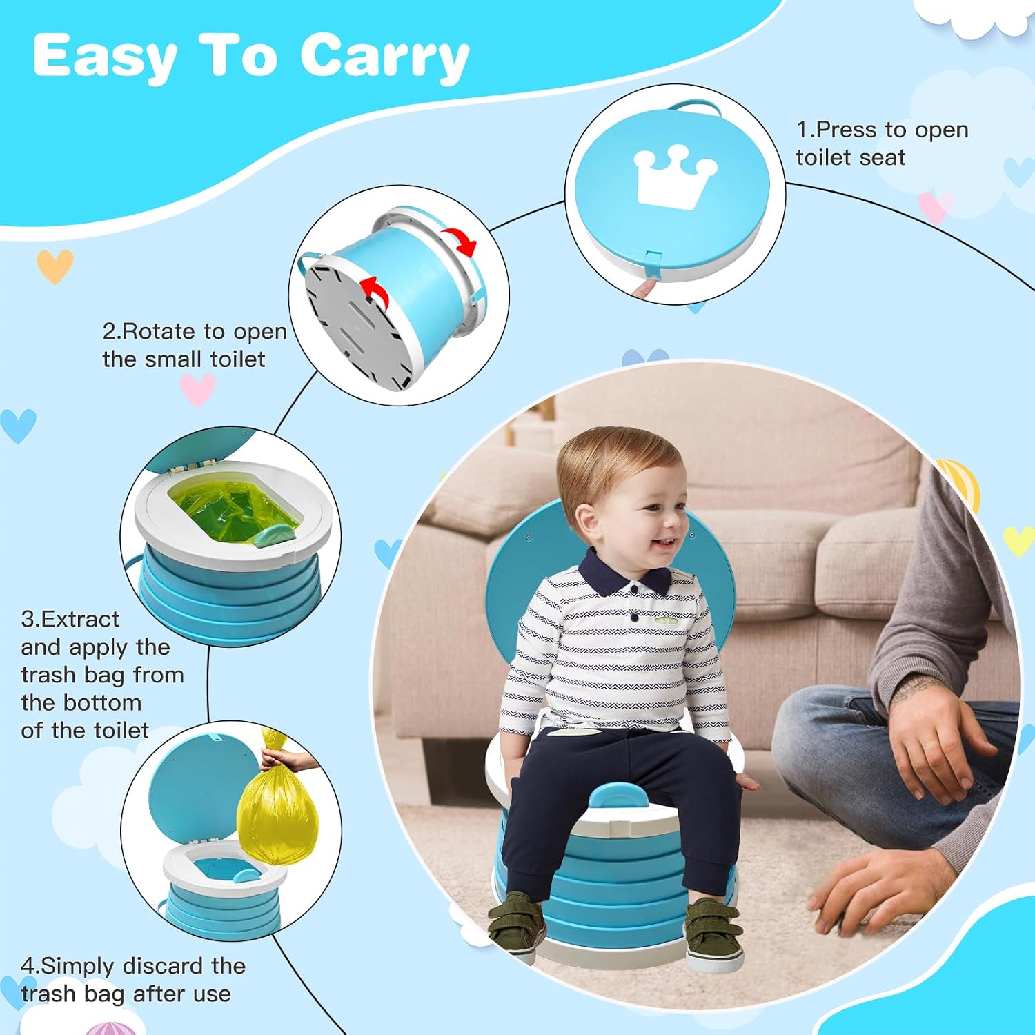 2026 Upgraded Portable Potty Chair for Toddlers with Splash-Proof Design, Foldable Travel Potty with Bag & 30 Refills - Kids Toilet for Car, Camping, Indoor - Easy Clean Baby Potty Training Seat(Blue)