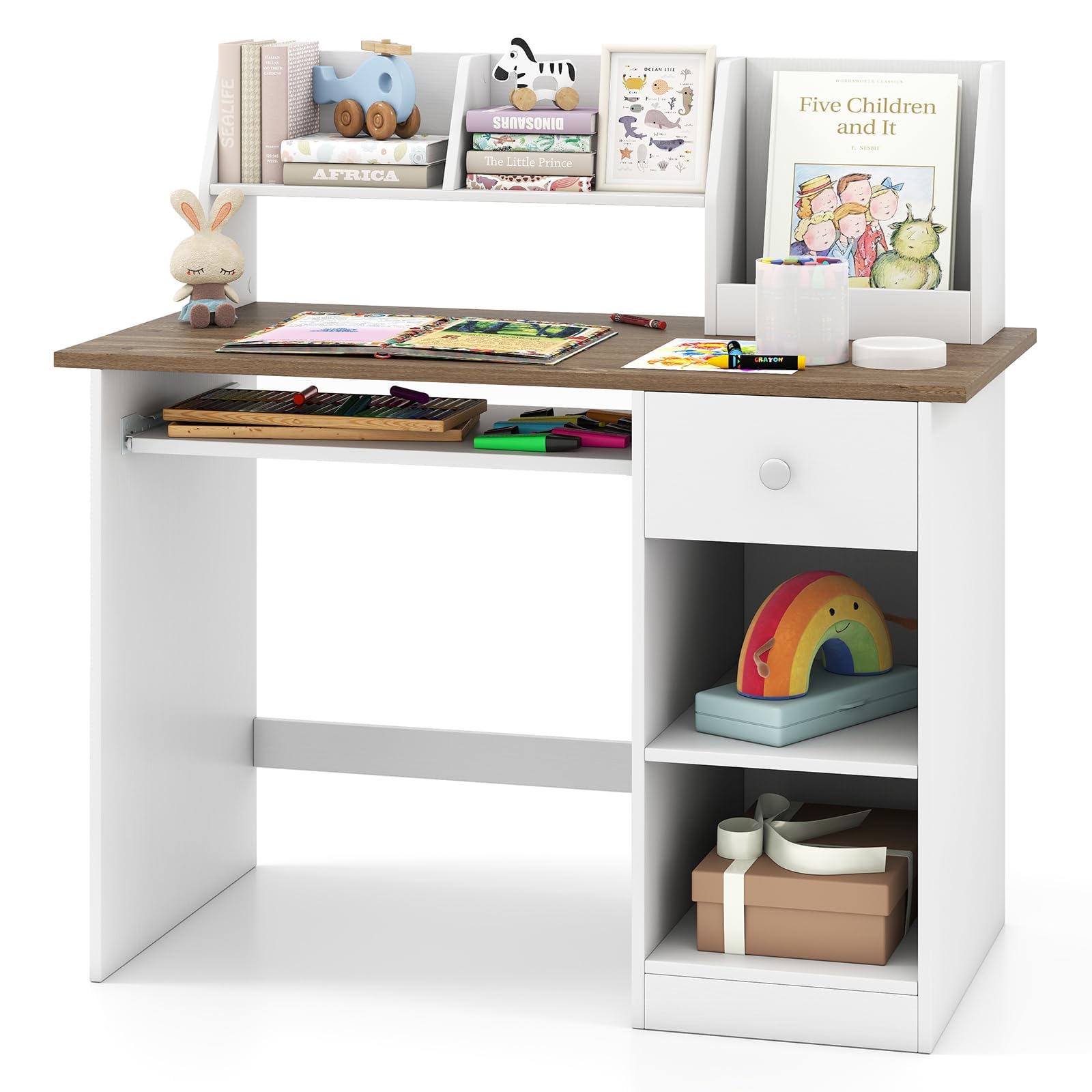 COSTWAY Kinderschreibtisch aus Holz, Kinder Schreibtisch mit Schublade, Tastaturablage & Bücherregal, Schülerschreibtisch für Kinder ab 3 Jahren, 90 x 45 x 90 cm (Natur)
