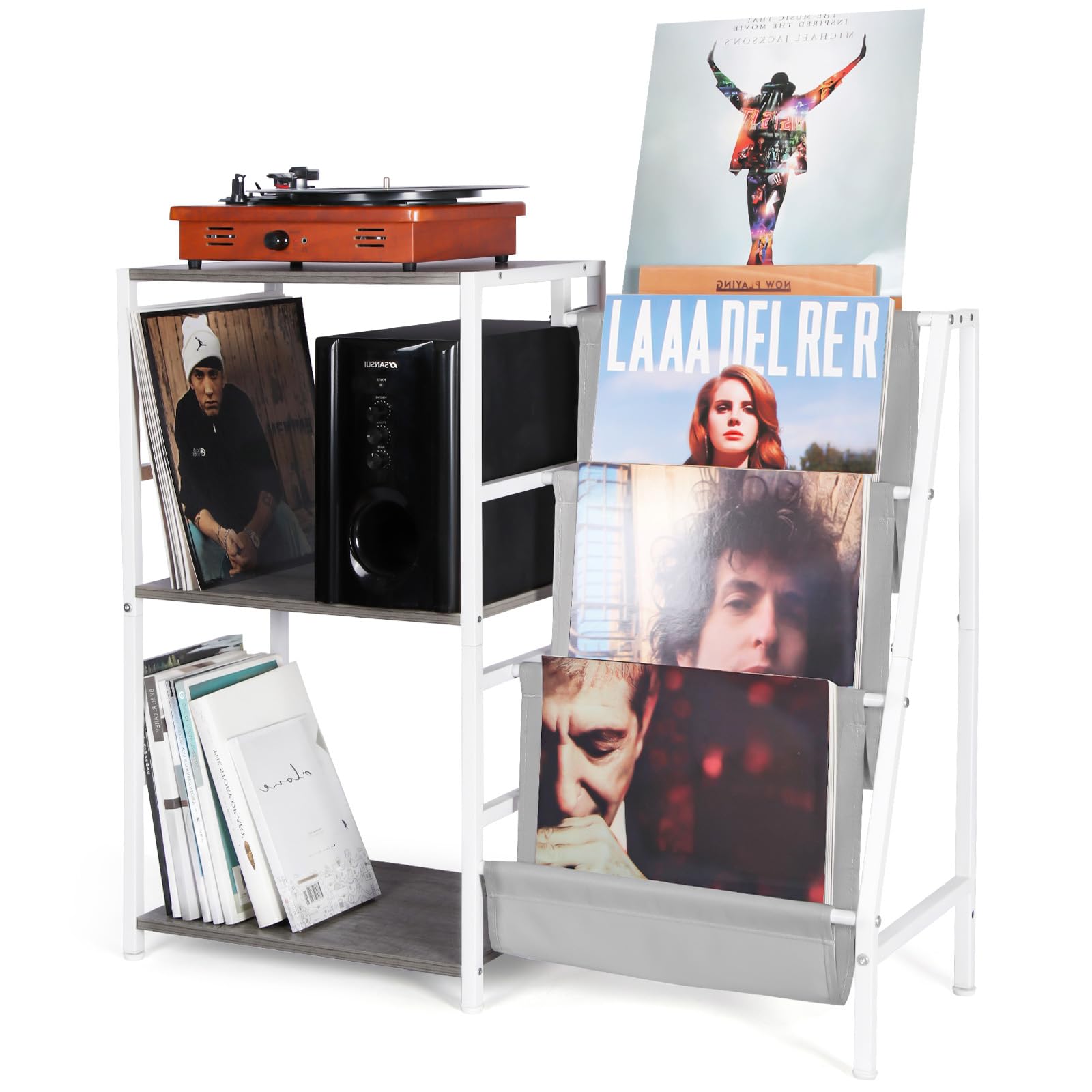 HYCFYJR Record Player Stand, 3-Tier Vinyl Record Storage, Turntable Stand with Now Playing Holder, Vinyl Display for Living Room, Grey & White