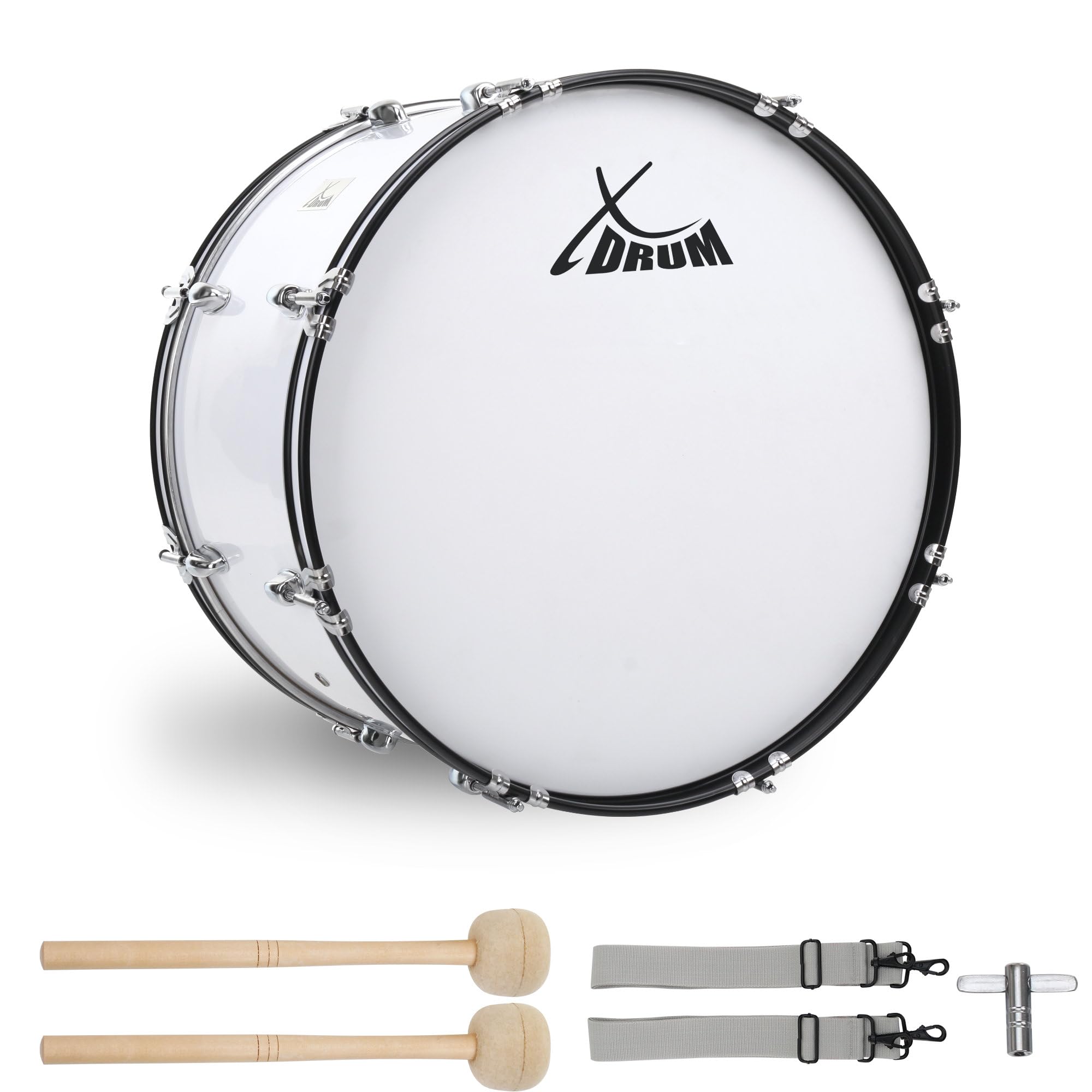 XDrum MBD-222 Grancassa da marcia 22" x 12" - grande grancassa da marcia - 7,5 kg - 4 occhielli per imbracatura - 8 tiranti per lato - incl. mazzuoli, imbracature e chiave di accordatura - Bianco