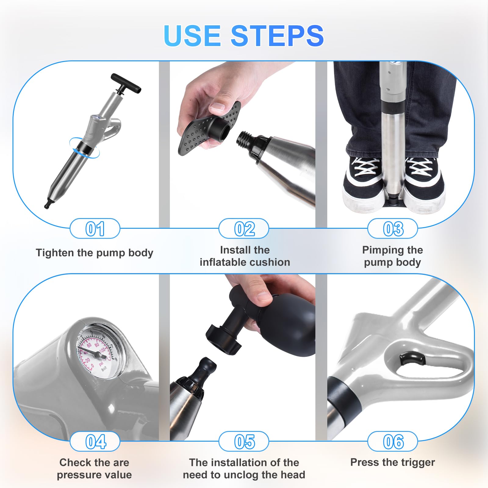 Desatascador Tuberias a Presion con Indicador de Presión de Aire, Desatascador Tuberias con 4 Ventosas, Guantes y Pinza de Garra, Desatascador WC para Inodoros, Tuberías de Cocina