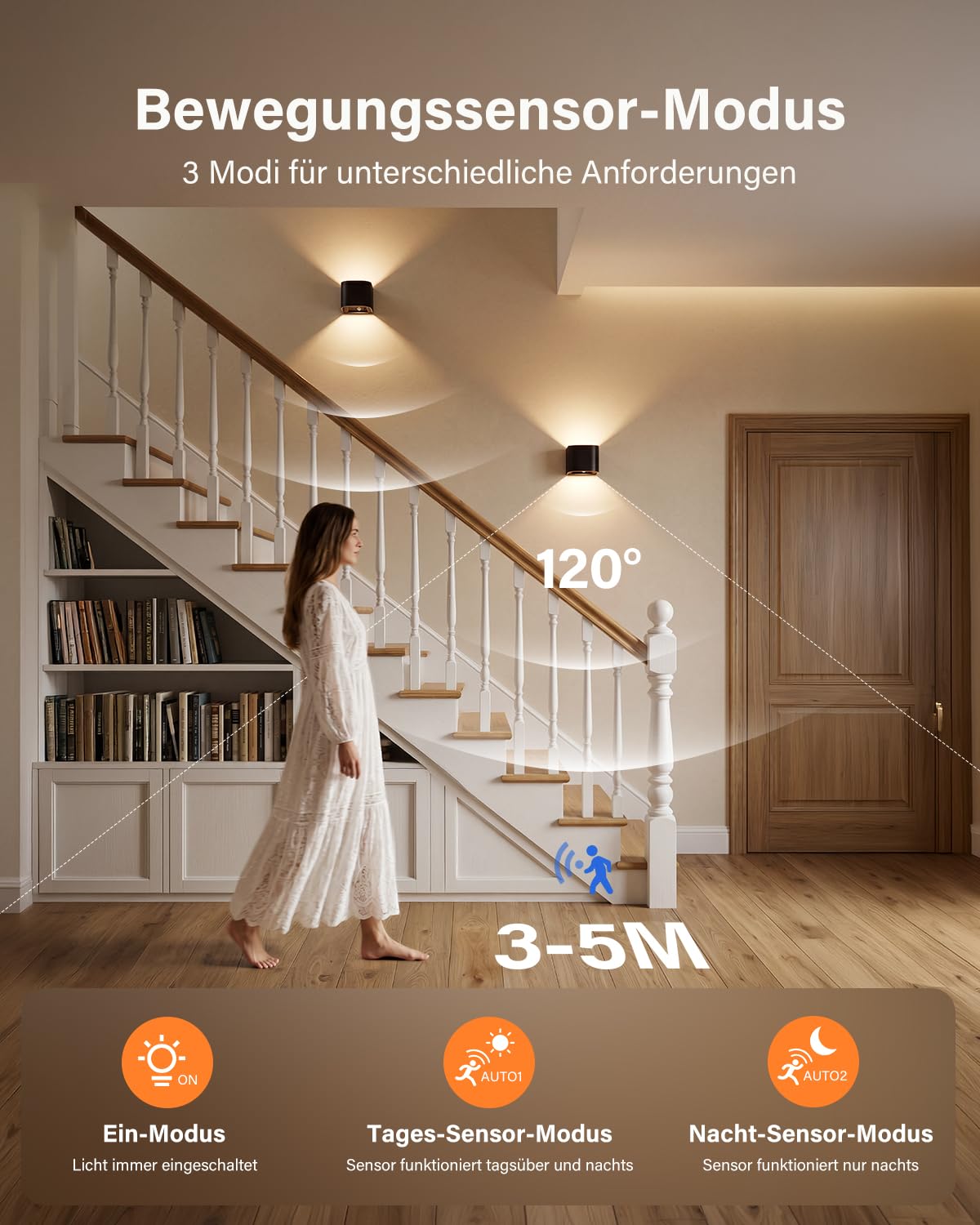 Leselux Wandleuchte Innen mit Bewegungsmelder, Ohne Stromanschluss, 4 Stück | Akku Wandlampe mit Fernbedienung, 5400mAh Aufladbar Batterie, 3 Farben 3000K /4500K/6000K Dimmbar, für Treppen Schlafzimmer