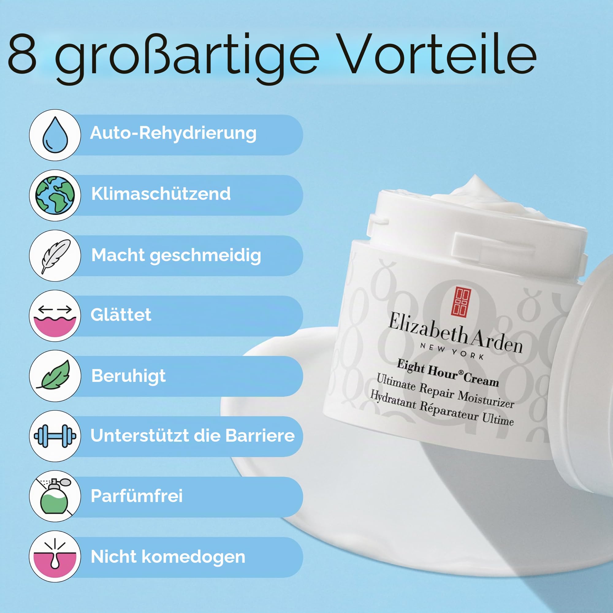 Elizabeth Arden – Eight Hour Cream Ultimate Repair Moisturizer, leichte Gesichtsfeuchtigkeitscreme mit Squalan & Ectoin, tiefenwirksame, langanhaltende Feuchtigkeitsversorgung, 50 ml