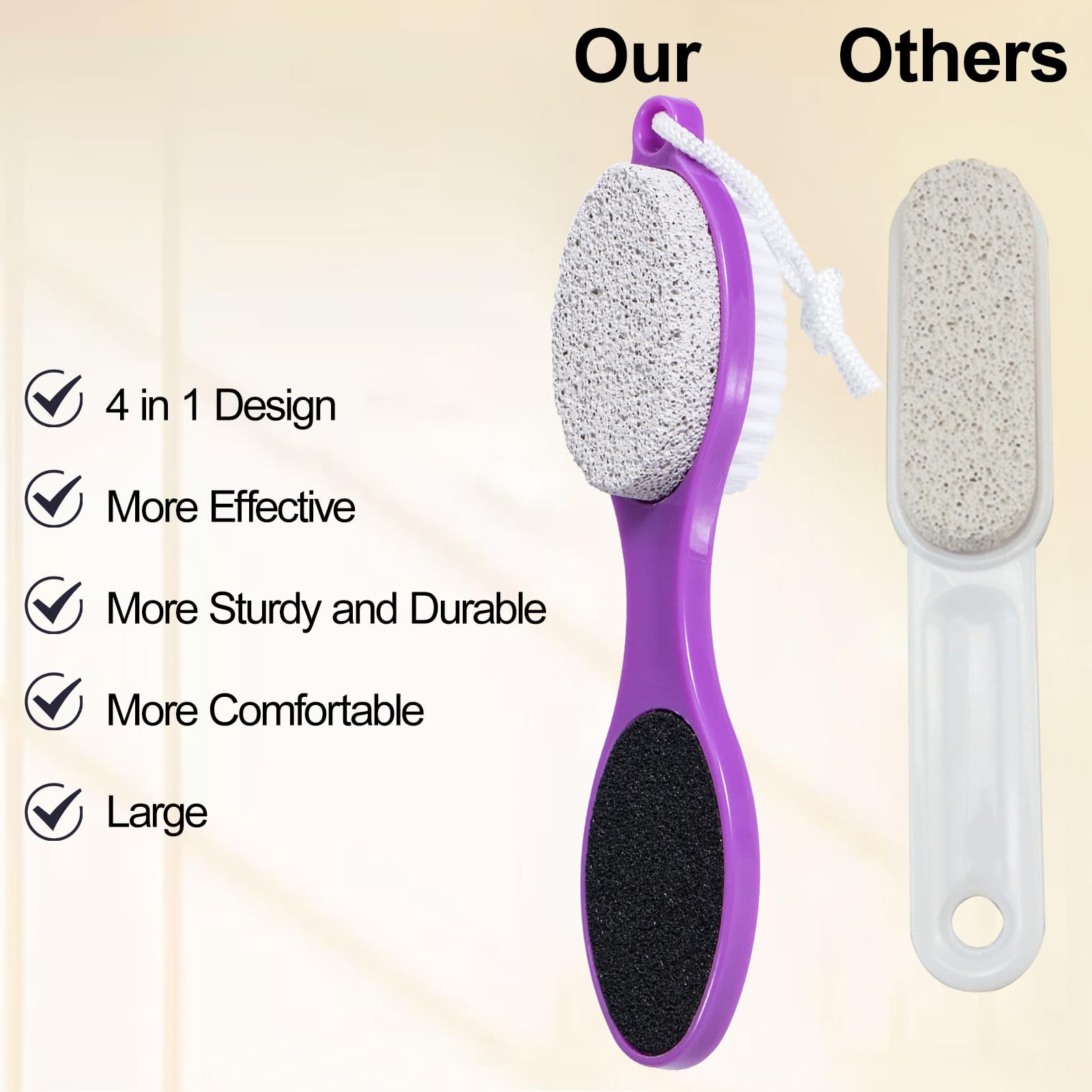 Spazzola in pietra pomice per piedi 4 in 1, scrubber per piedi doccia, lima per piedi, rimozione calli, raspa per piedi e carta abrasiva, strumenti per pedicure con manico, piedi morbidi e