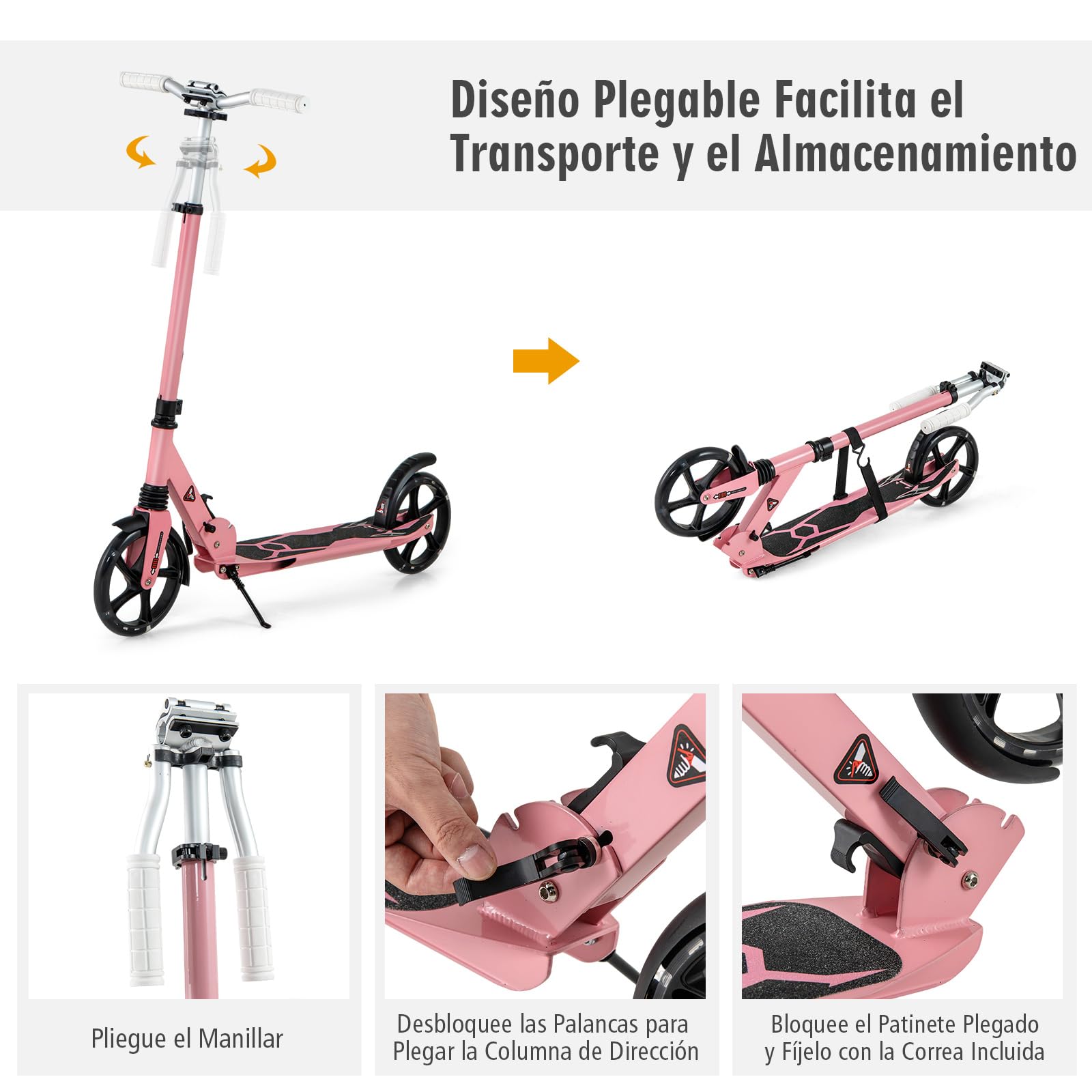GYMAX Patinete con Luces LED, Monopatín Plegable con Manillar en T Ajustable en 3 Alturas, Sistema de Amortiguación, Patinete Infantil y Partir de 8 Años