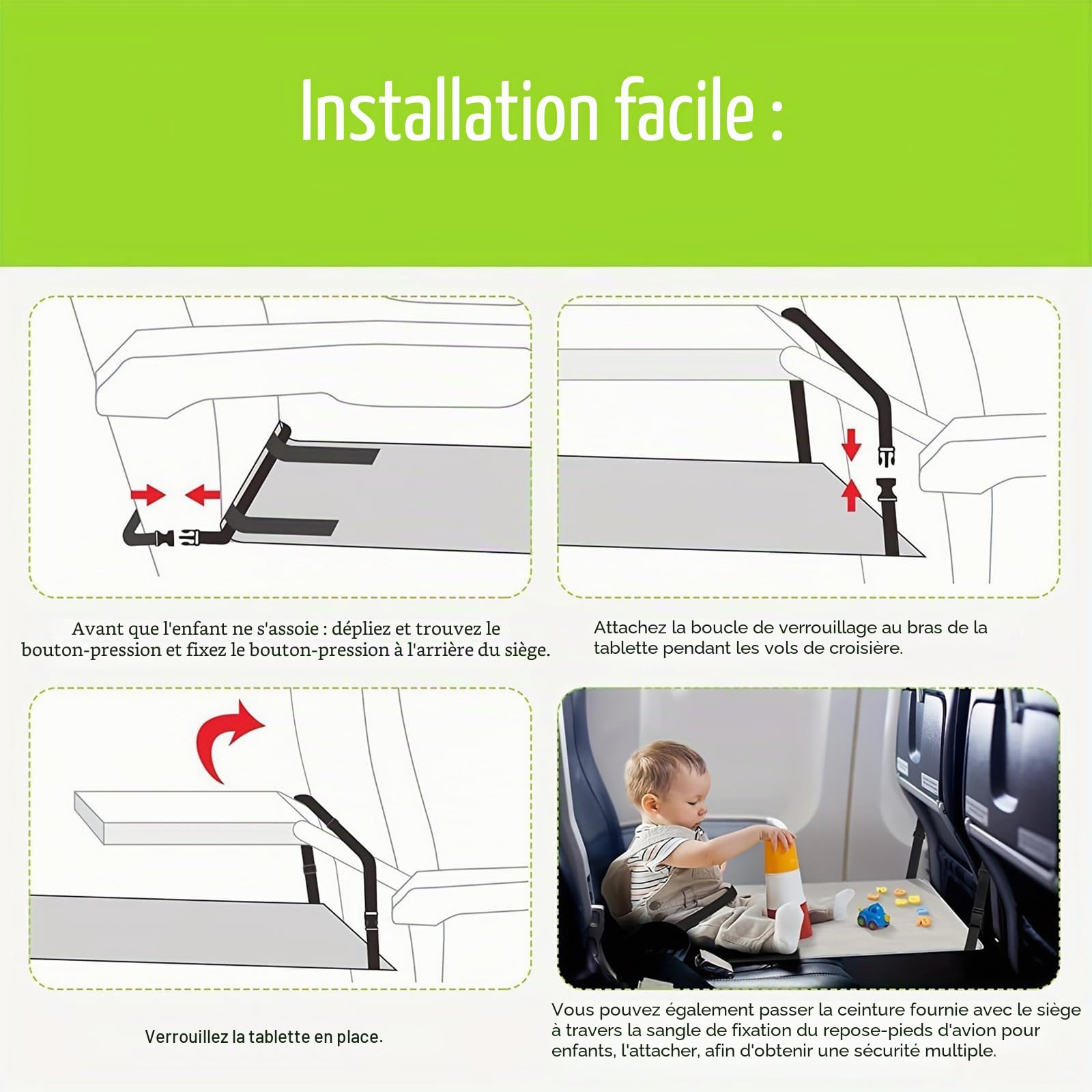 Qivine Extension de Siège d'Avion pour Enfant - Lit de Voyage Portable avec Sac de Rangement, Accessoires de Voyage en Avion (Gris)