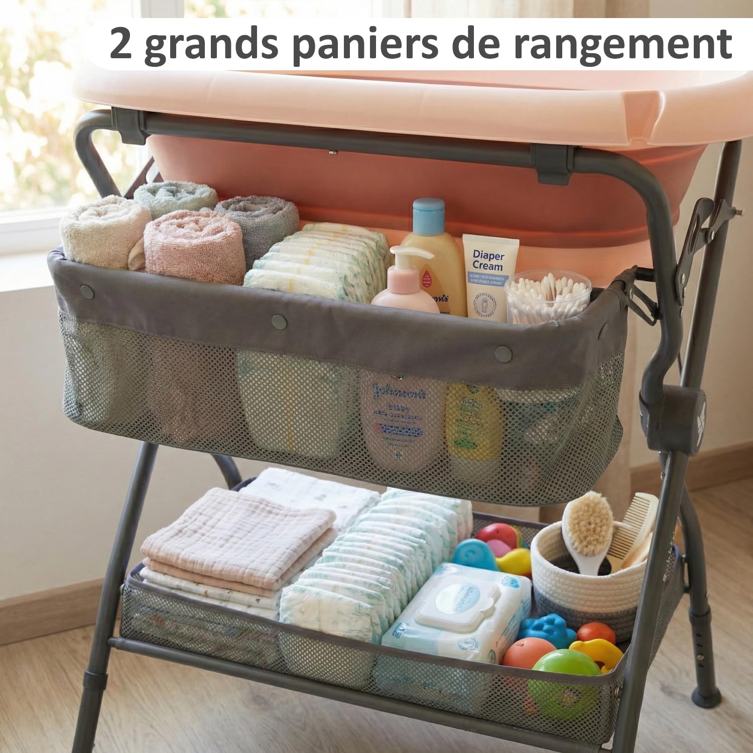 Table à Langer Bébé 2-en-1 avec Baignoire Pliable Pied Hauteur Ergonomique Thermomètre Gris