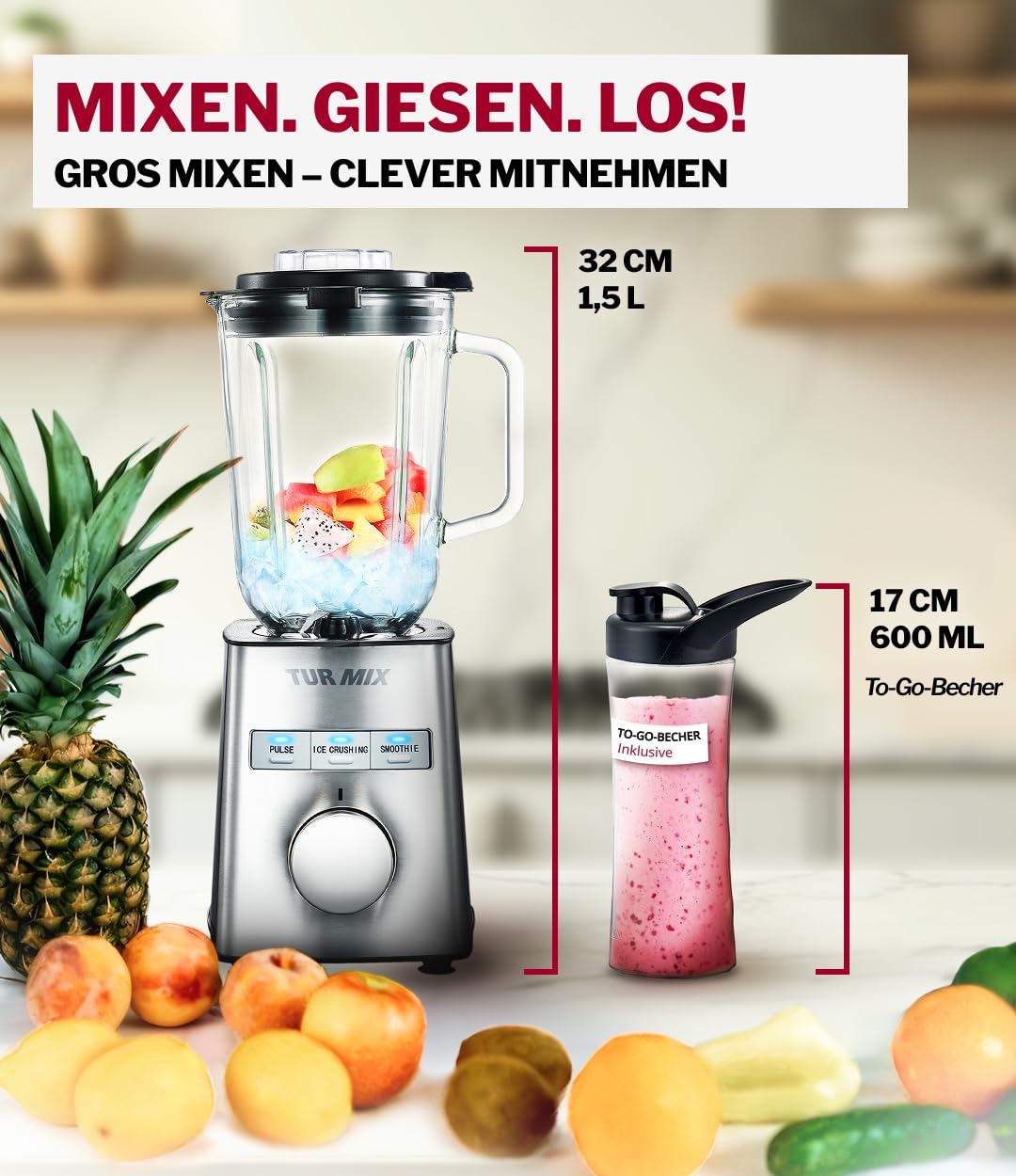 Turmix Standmixer hochleistungsmixer CX 750 – 1000 W, 6-flügliges Edelstahlmesser, Smoothie Maker & Mixer Glas 1,5 L, To-Go-Becher, stufenlos & Pulsfunktion, für Smoothies, Eis & Säfte