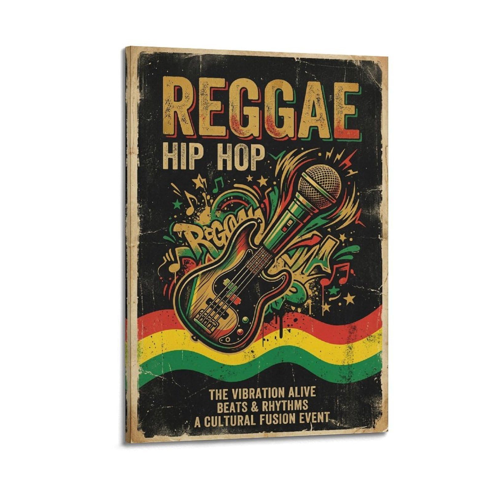 XKUGA Stampa su tela decorativa moderna con musica reggae, hip hop, microfono e basso, decorazione artistica da parete ideale per la famiglia, la grotta degli uomini, la sala giochi, la camera da