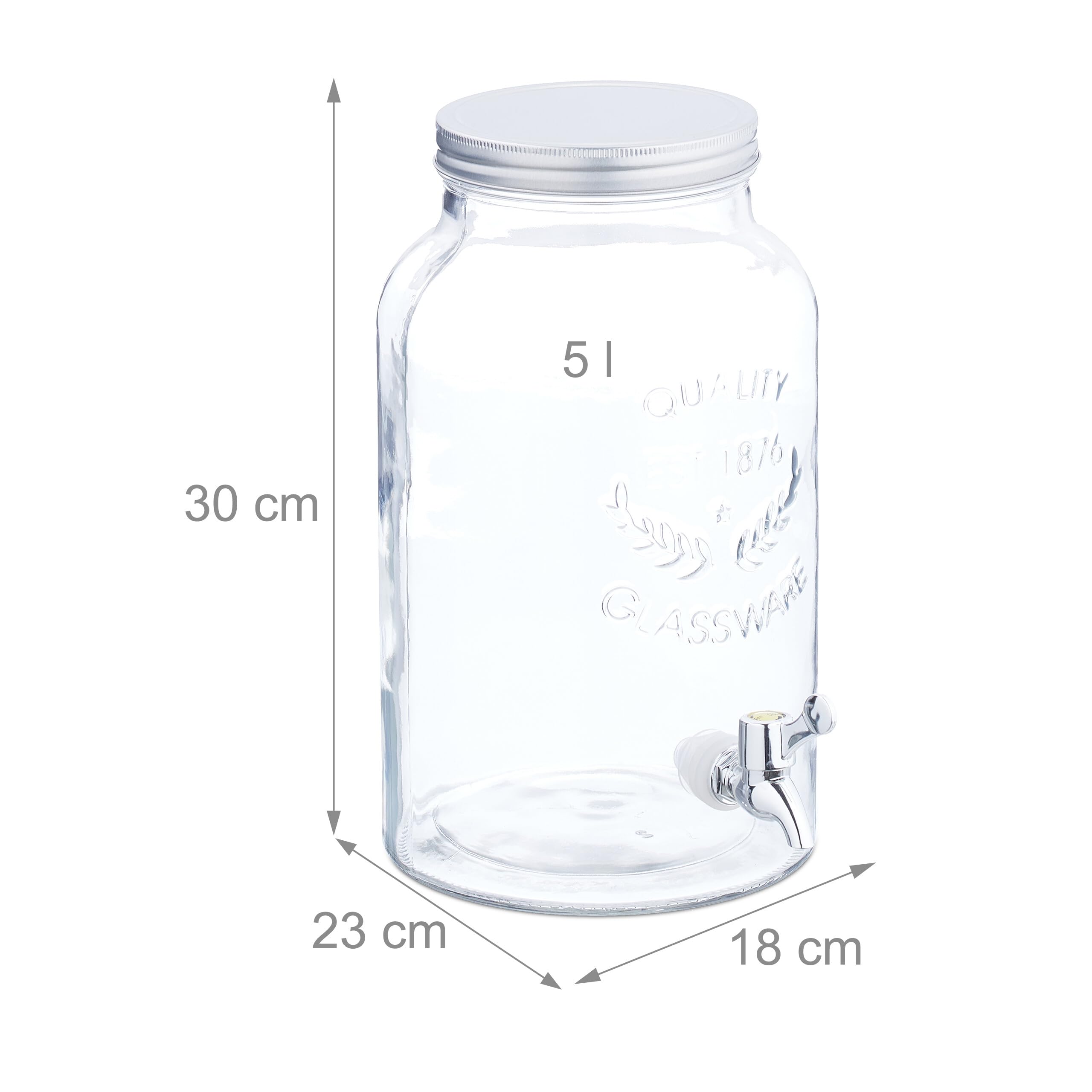 Relaxdays Dispenser in Vetro per Bevande, Erogatore da 5 L con Rubinetto e Coperchio, Distributore Acqua, Bibite e Drink