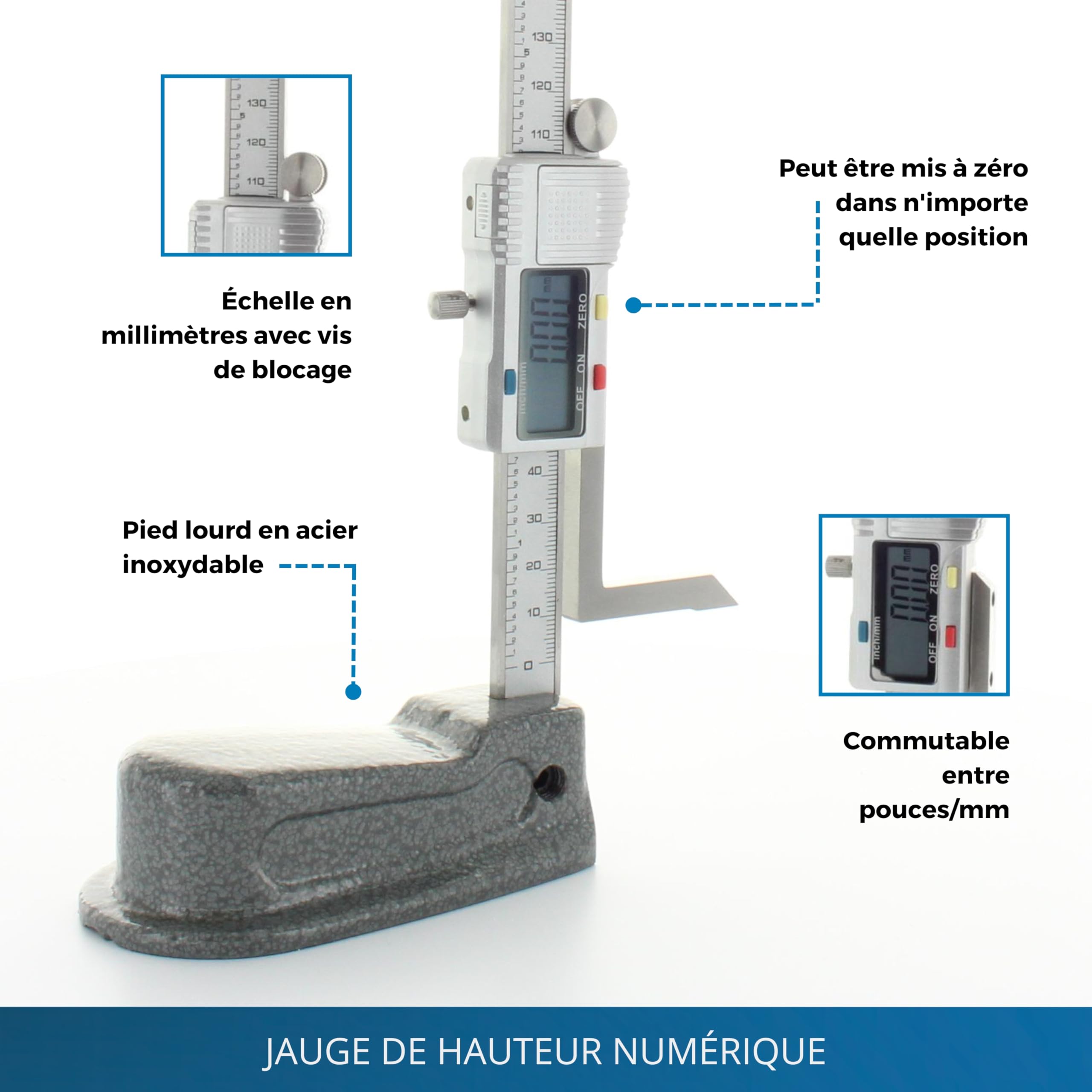 Jauge de hauteur numérique - Déchireur de hauteur avec plage de mesure 0-150 mm, altimètre pour le réglage des lames de scie et des têtes de fraisage