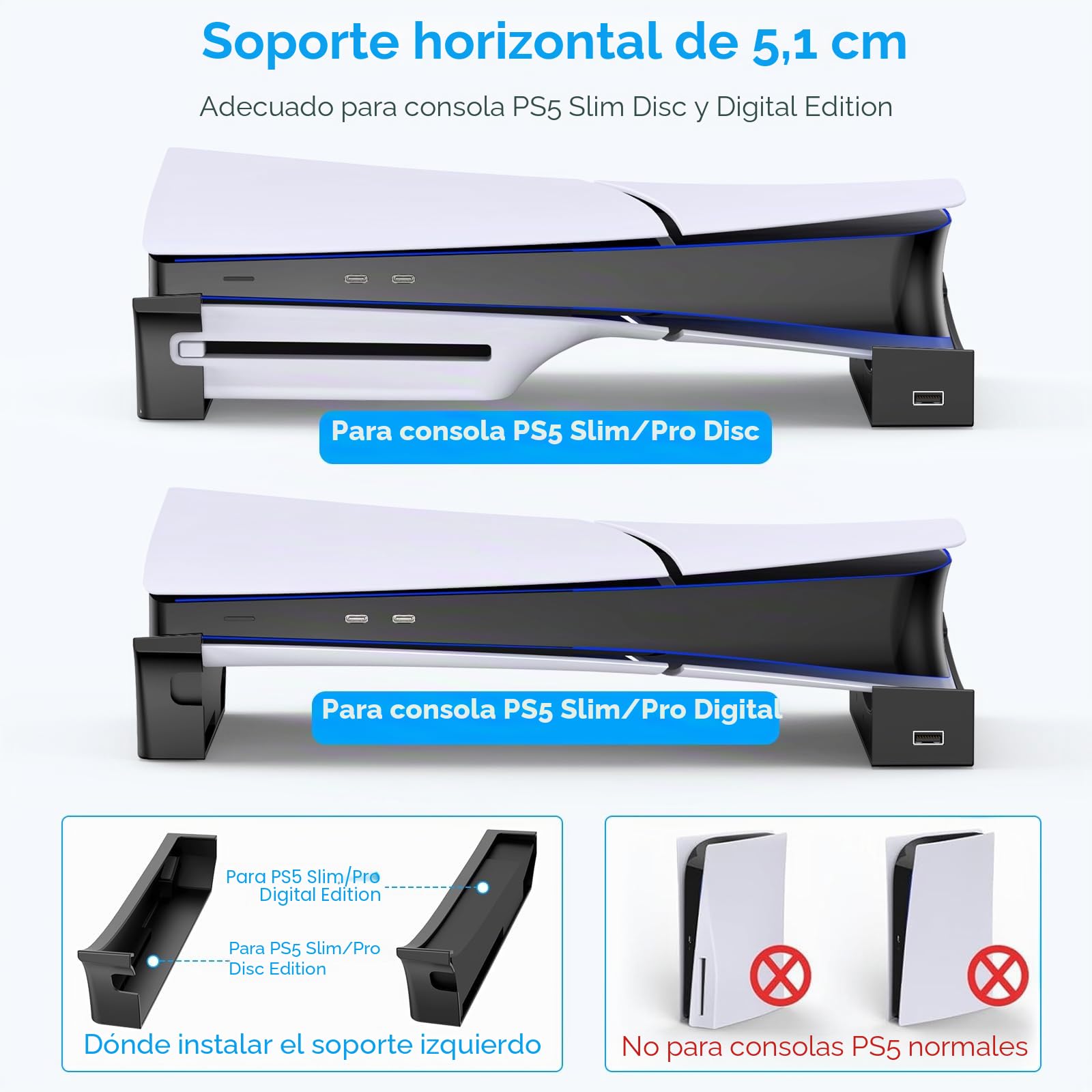 KOVA Soporte horizontal para consola PS5 con hub USB de 4 puertos, soporte base para accesorios PlayStation 5, patín para disco delgado y carga de controlador de edición digital (negro)