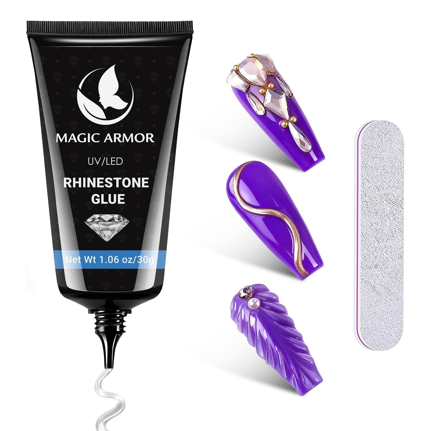 Rhinestone Nail Glue Gel 30g - UV Curing Needed Super Strong Adhesive for Gems, Diamonds, Jewelry, Tips, Press On Nails - With Nail File