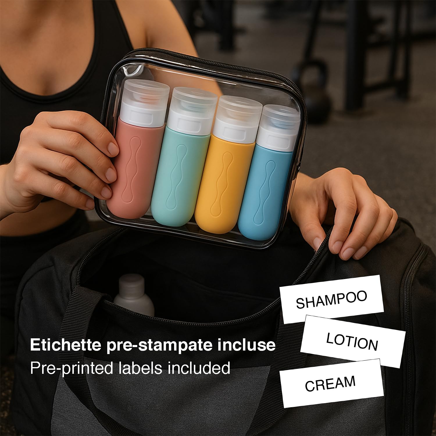 BEPER C302AAC010 Set of 90 ml Silicone Travel Bottles (4 Pieces) Shampoo and Cream Containers with Transparent Case, Leakproof, Ideal for Airplanes and Gym — view 4