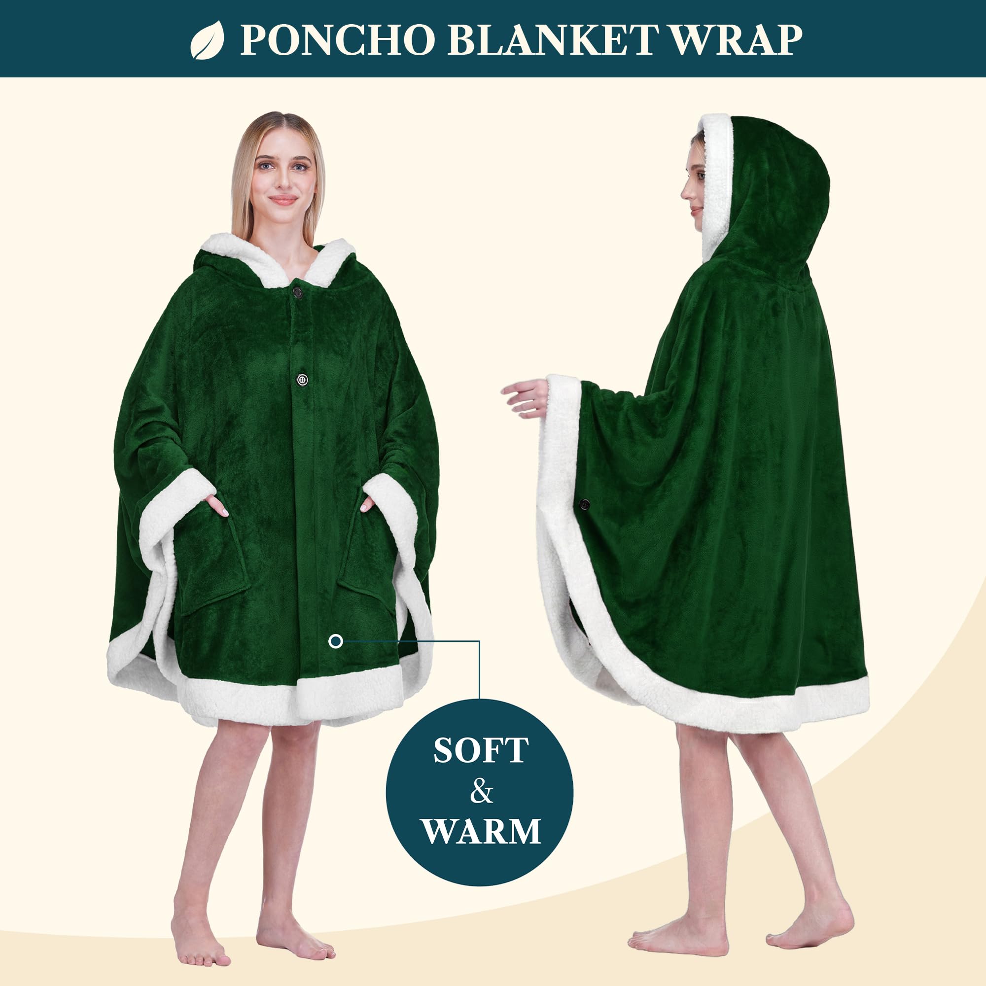 PAVILIA Koc z kapturem Angel Wrap | Ponczo koc z miękkim polarem Sherpa, pluszowy, ciepły, do noszenia peleryna z kieszeniami, przytulne prezenty dla kobiet (zielony)