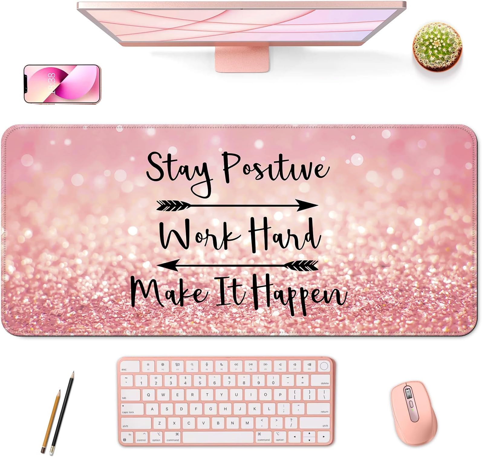 Desk Mat,Large Mouse Pad 35''×15.6'' XXL Extended Gaming Mouse Pad Mat with Non-Slip Base Stitched Eges Mousepad for Computer,Office,Keyboard and Laptop - Pink Stay Positive