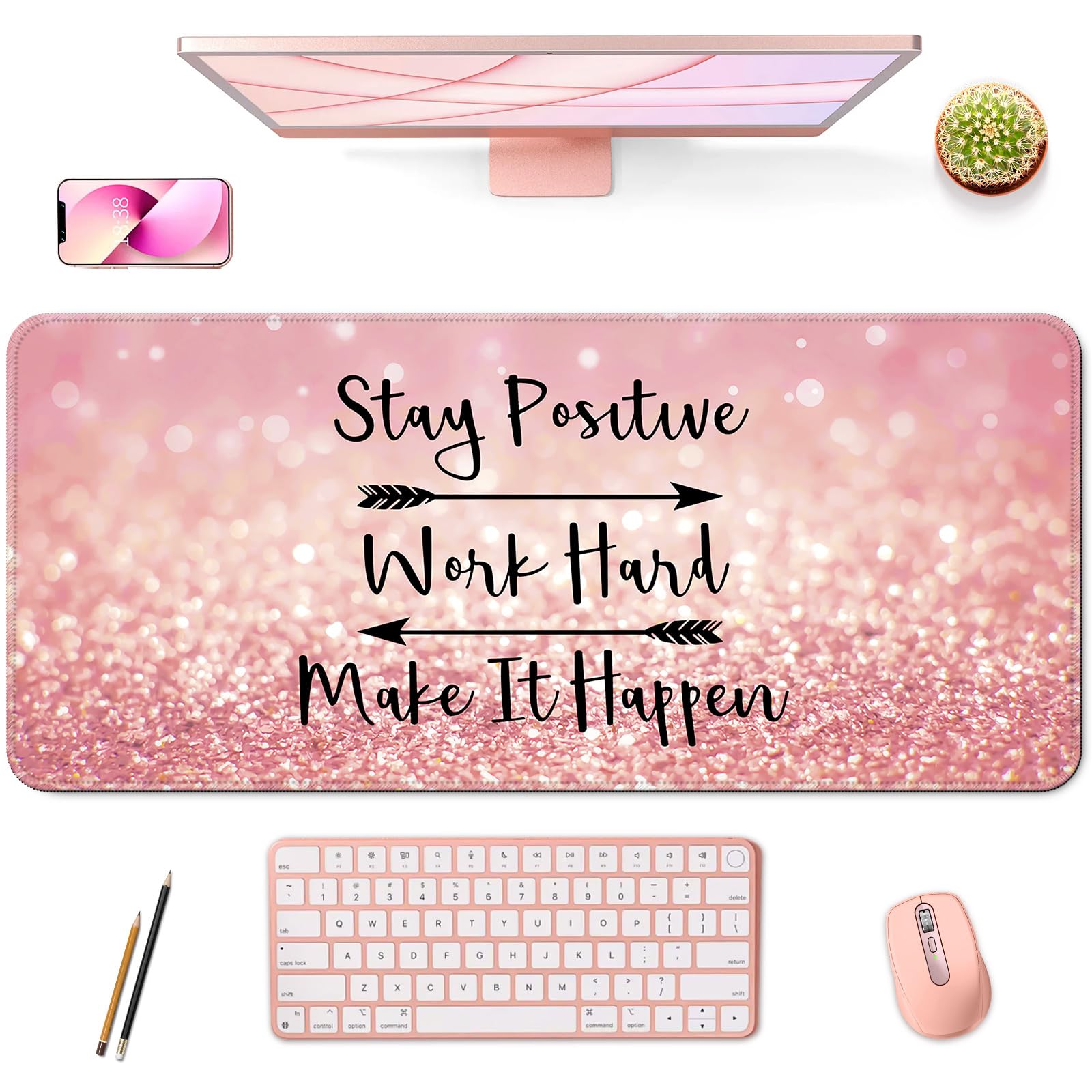 Desk Mat,Large Mouse Pad 35''×15.6'' XXL Extended Gaming Mouse Pad Mat with Non-Slip Base Stitched Eges Mousepad for Computer,Office,Keyboard and Laptop - Pink Stay Positive