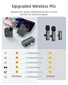 KOSCHEAL 2 Pack Mini Microphone, 3 in 1 Wireless Microphone for iPhone iPad, Camera and Android Devices with Noise Cancellation,Lapel Mic for Video Recording Vlog, YouTube, Interview
