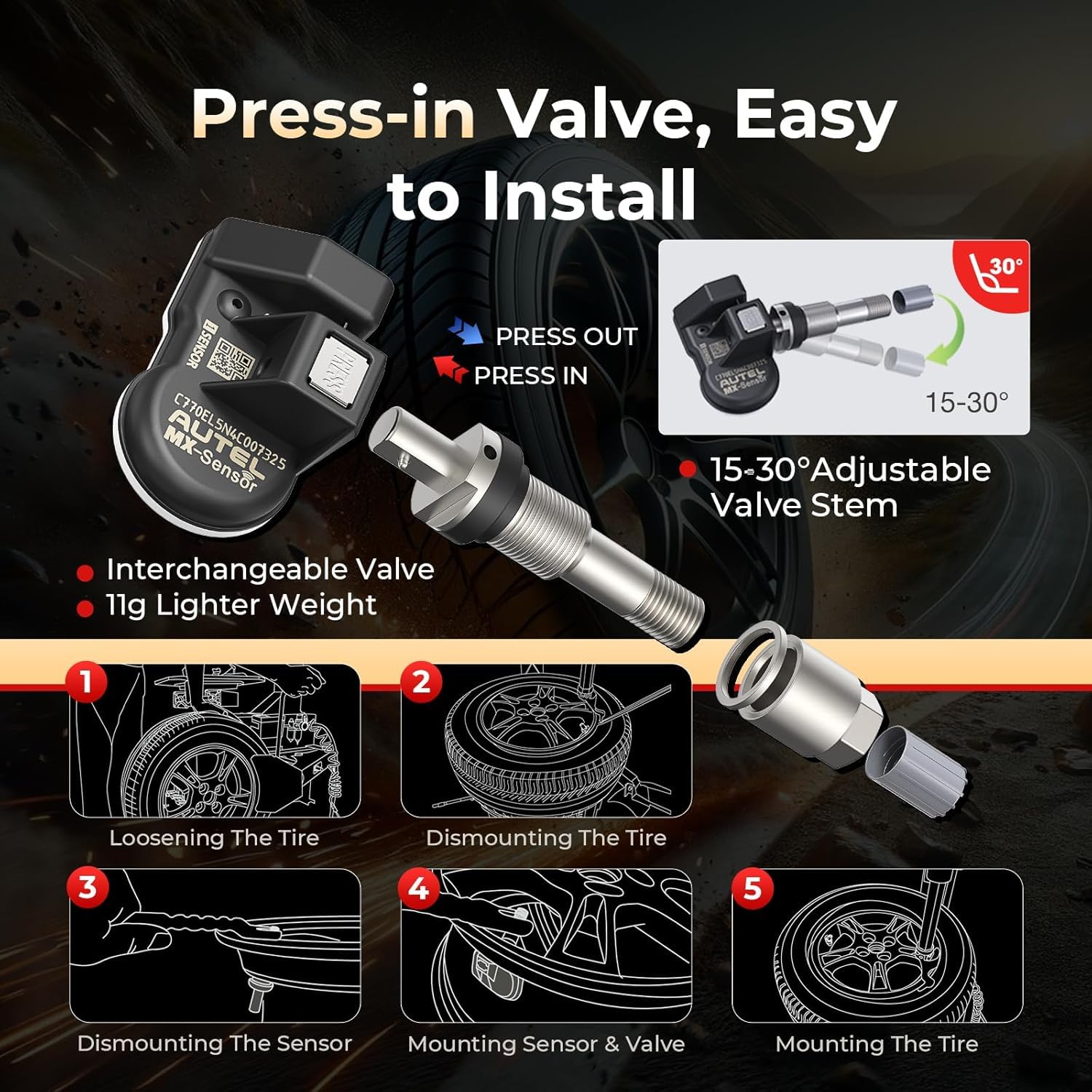Czujnik Ołtarza MX-Sensor TPMS, Wymiana Czujnika Podwójnej Częstotliwości do Wszystkich Samochodów, Identyczny z Czujnikiem OE, System Monitorowania Ciśnienia 100% Klonowany (Metalowy Zawór, 4 Sztuka)