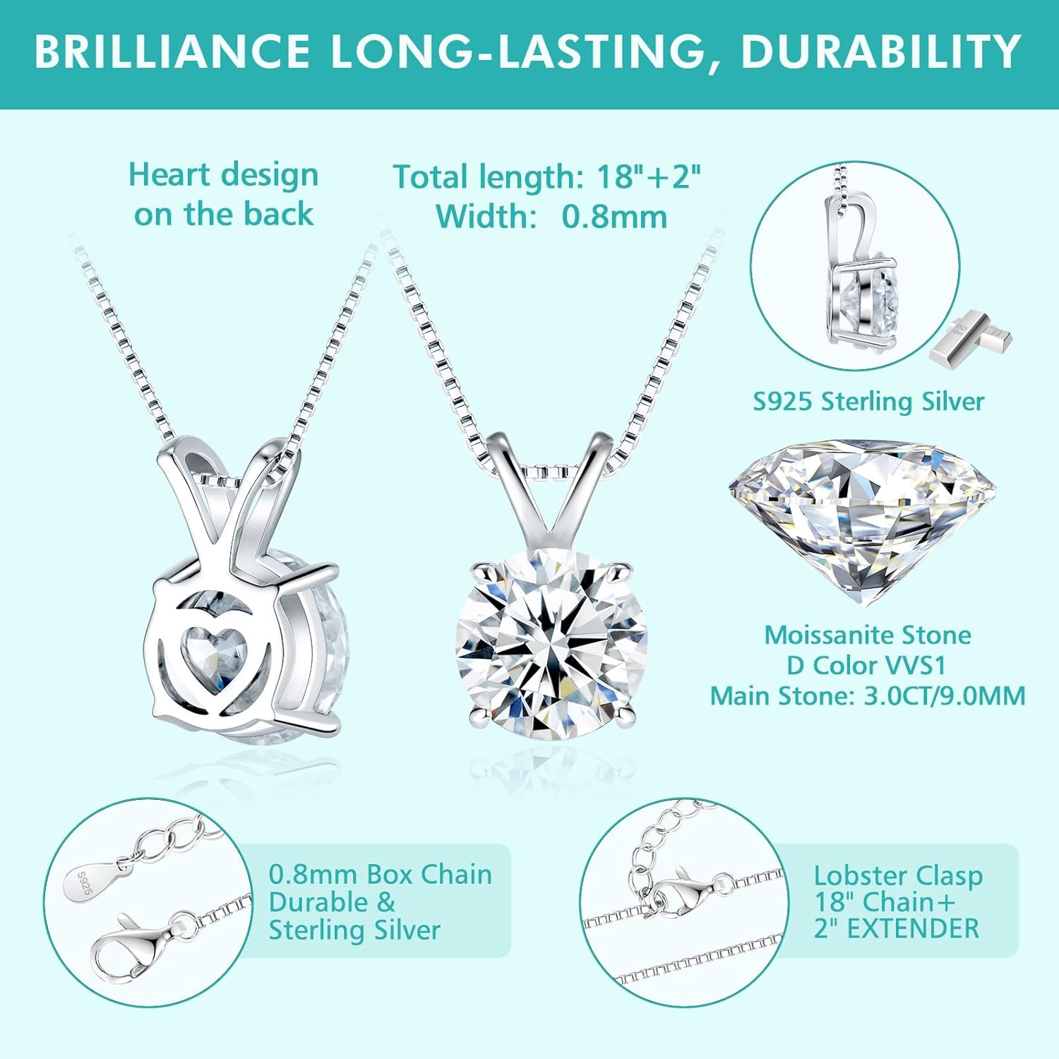 Moissanite Solitaire Necklace for Women, 1–3 Carat Lab Created Diamond Pendant, D Color VVS1,Heart Back, 18+2" Silver Chain, Gift for Wife, Girlfriend, Mom Yourself on Anniversary, Birthday, Wedding - Image 9