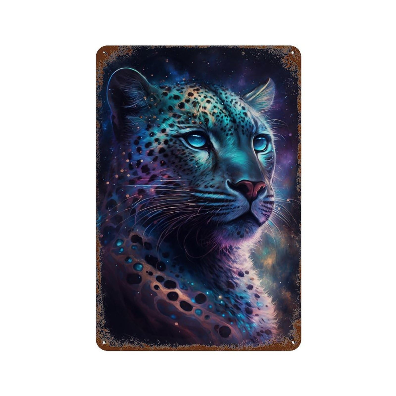 Rusty Metal Tin Sign with Cosmic Leopard Portrait-4 Design 11.8"x7.9", for Farmhouse, Kitchen And Entryway Decor, Classic Wall Plaque