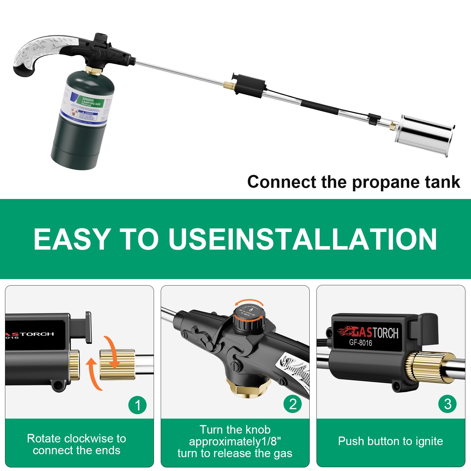 Sondiko Propane Torch Weed Burner, High Output Weed Torch Flamethrower, 30" Detachable Long Arm Heavy Duty Blow Torch For Garden, Wood, Ice, Snow, Melting(PROPANE TANK NOT INCLUDED)