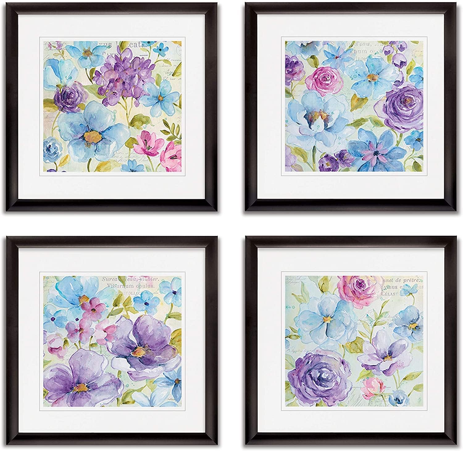 Renditions Gallery Canvas Wall Art, 4 Panels Set 16x16 Inches Each Framed Artwork, Cyanotype Feather Leaf Illustration Painting Pictures for Home Décor