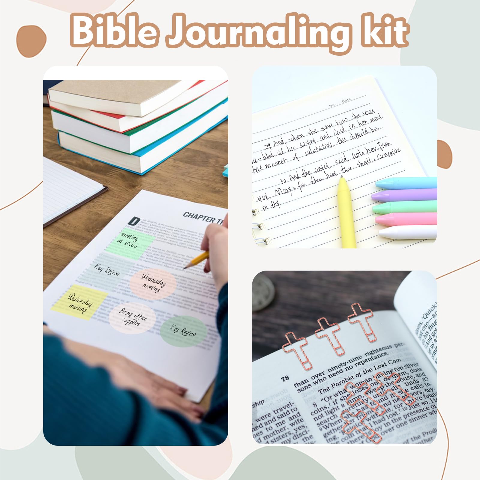 Bibelstudiumzubehör, Bibel-Tabs und Textmarker-Set mit Kugelschreiber, transparenten Haftnotizen, Kreuz-Büroklammern und christlichen Aufklebern, christliches Geschenk für Frauen, Buchliebhaber,