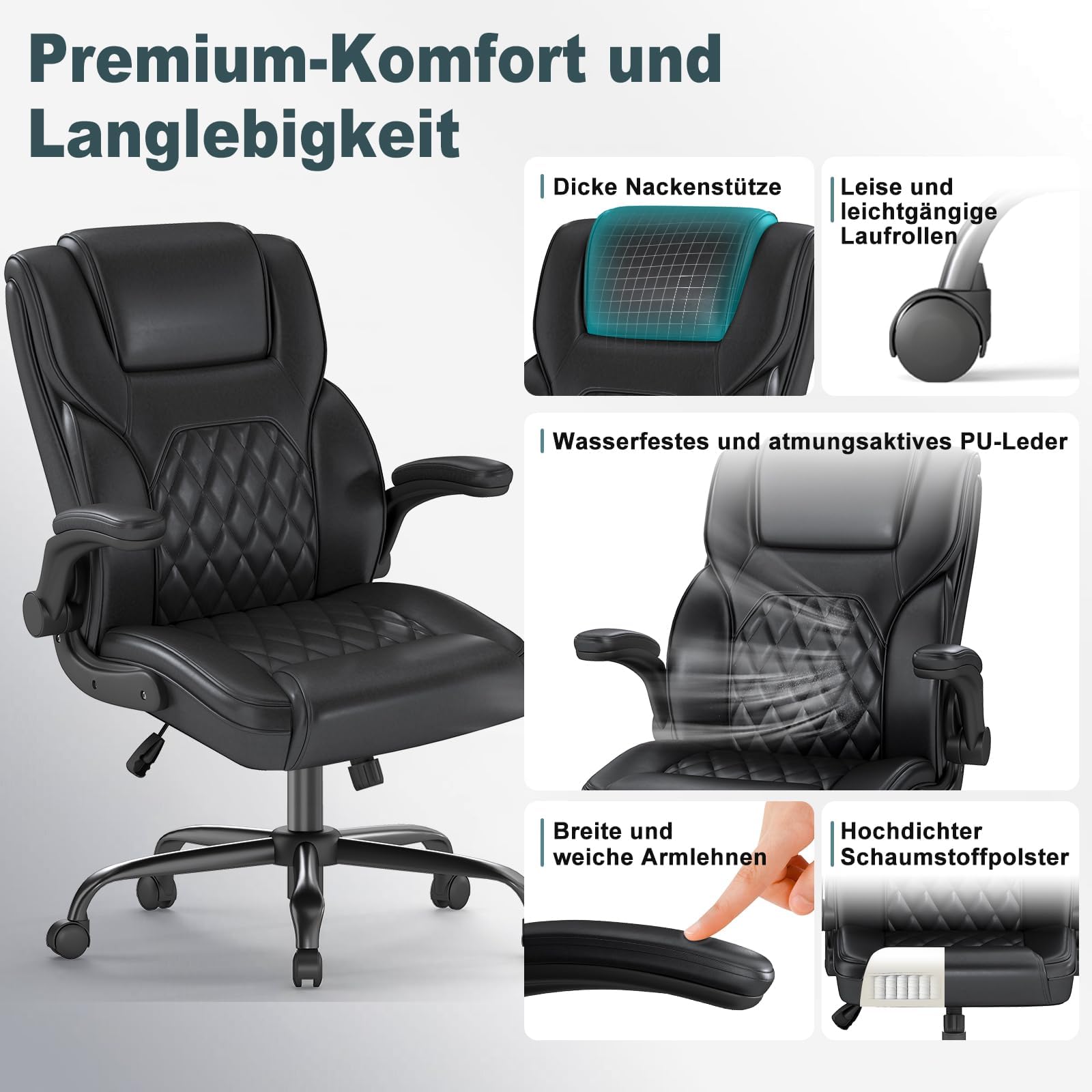 AnyGod Sedia Ergonomica da Ufficio, Poltrona Direttore Regolabile in Altezza in Pelle Sintetica, Sedia da Scrivania con Braccioli Ribaltabili,Portata 136 kg, per Lavoro da Casa e Gaming, Nera