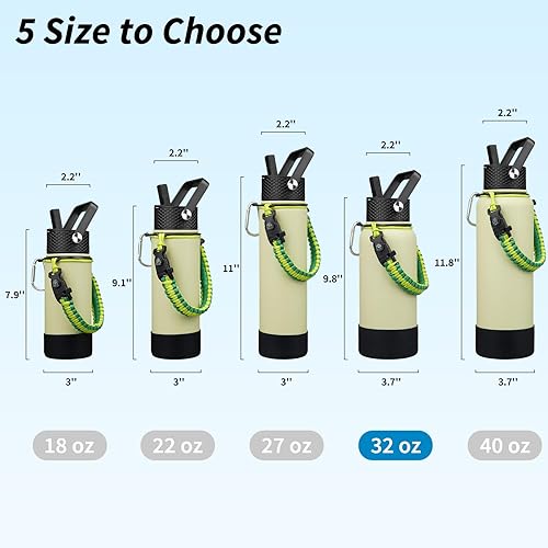 Miniatura 5 de BJPKPK Botellas de agua aisladas de 32 onzas con 3 tapas, mango de paracaídas y funda antideslizante, botella de agua de metal de acero inoxidable,