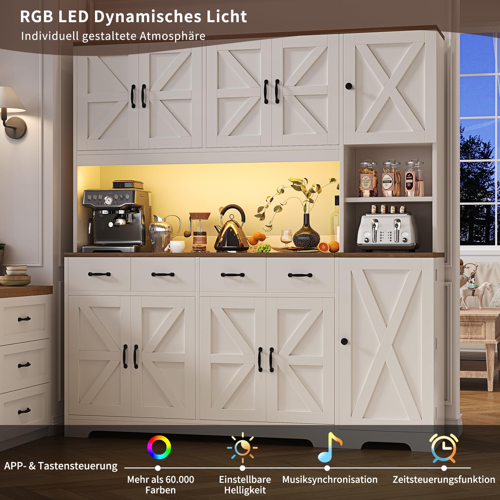 FUSOU Küchenschrank 180 cm LED Ladestation 4 Schubladen 6 Fächer – Vorratsschrank Landhausstil, Küchenschrank mit Arbeitsplatte Esszimmer verstellbare Böden Weiß