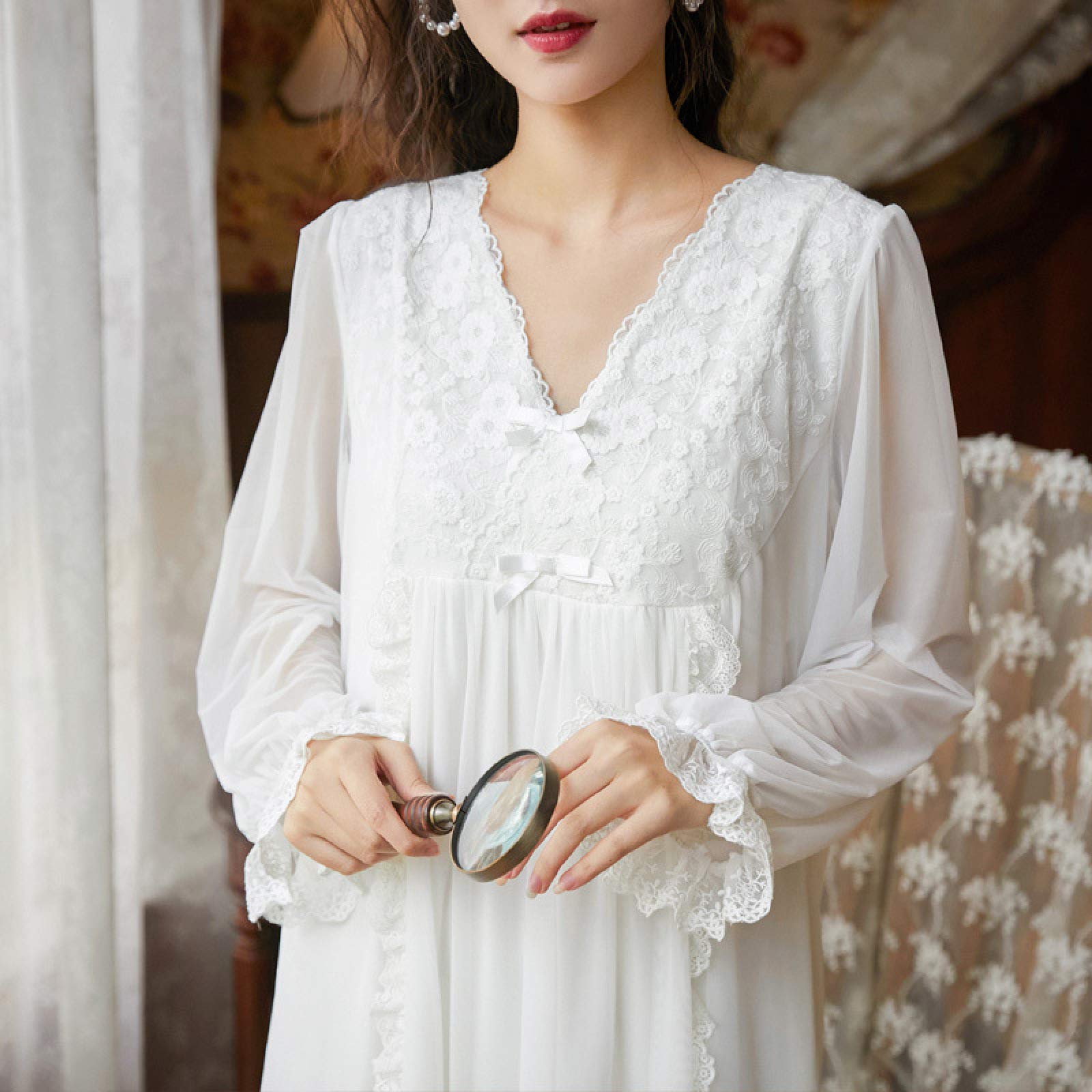 OFFSUM Camicia da Notte Donna - Camicia da Notte A V con Scollo A Tinta Unita Primavera Autunno Pizzo Camicia da Notte Dolce Principessa Palace Stile Pigiameria Ricamato Vestito