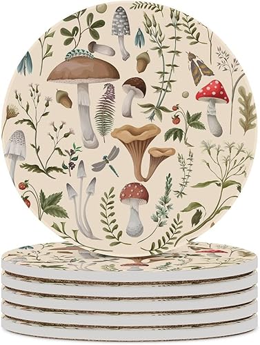 Miniatura 42 de Posavasos botánicos, posavasos redondos de cerámica redondos, 4 unidades, diseño de plantas vintage, diseño botánico de dibujos animados, hongos